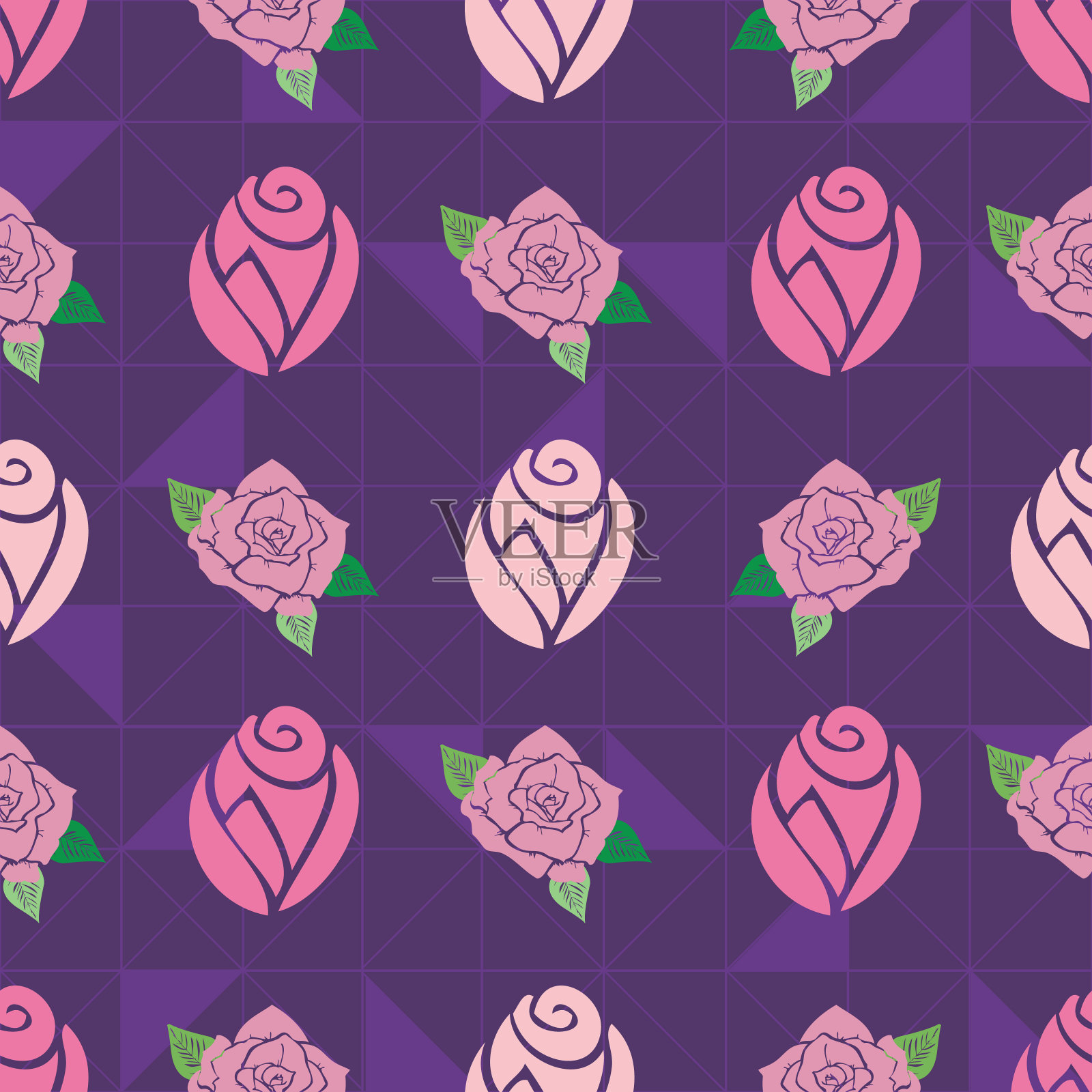 玫瑰无缝模式的紫色三角形背景插画图片素材