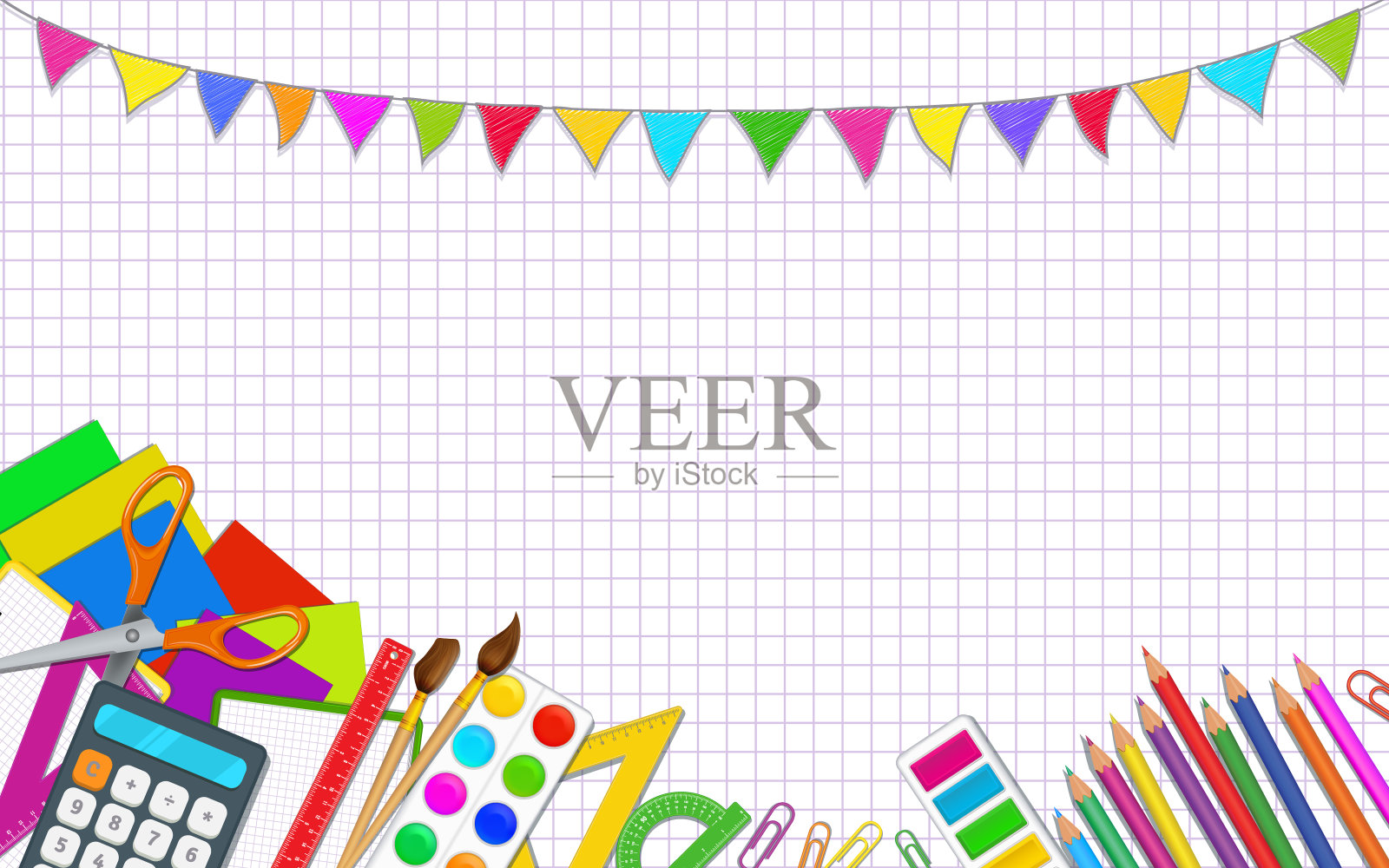 回到学校海报模板与彩色逼真的学校用品,如铅笔,画笔,调色板,剪刀,尺子在白色笔记本页的背景与嘉年华旗帜插画图片素材