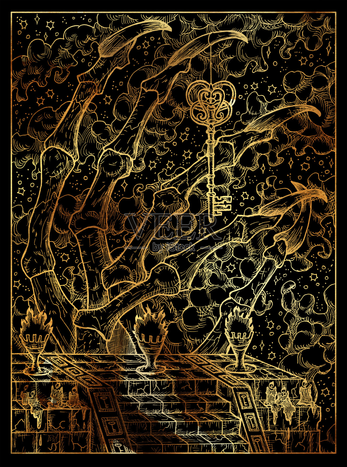 关键。神秘巫术的概念为莱诺芒神谕塔罗牌。插画图片素材