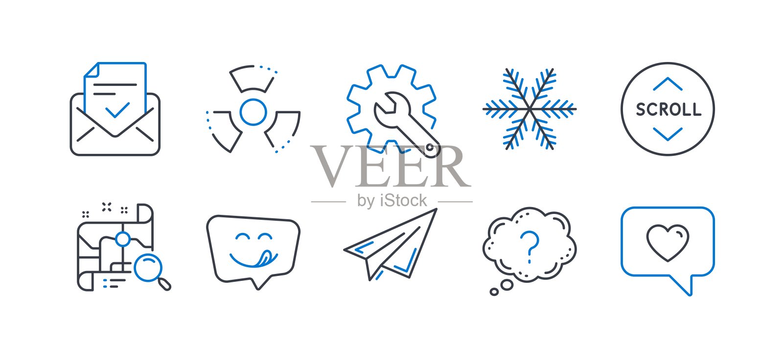 一组技术图标,如批准的邮件,向下滚动,雪花。向量图标素材