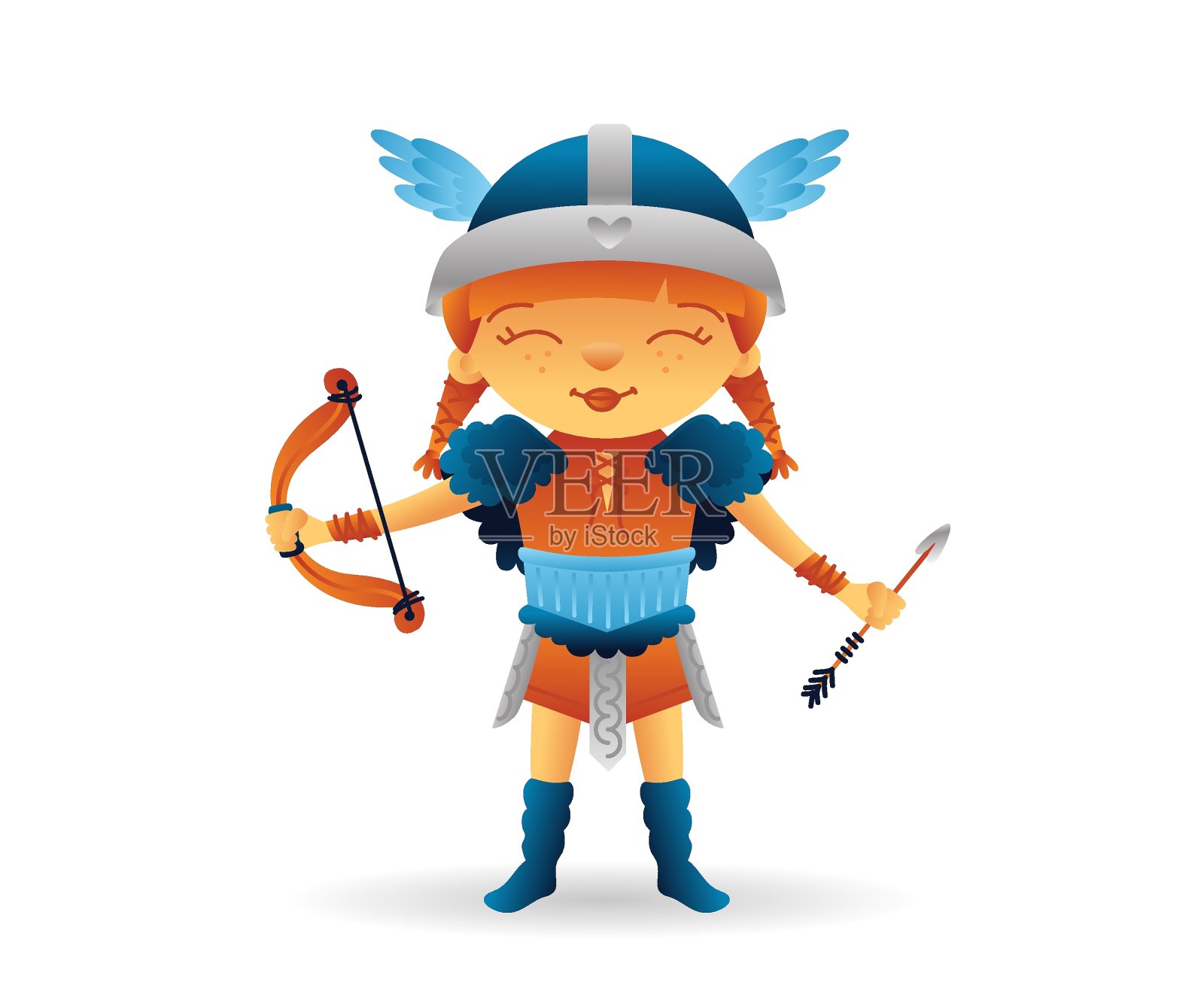 卡通海盗可爱的微笑女孩性格与弓和箭插画图片素材