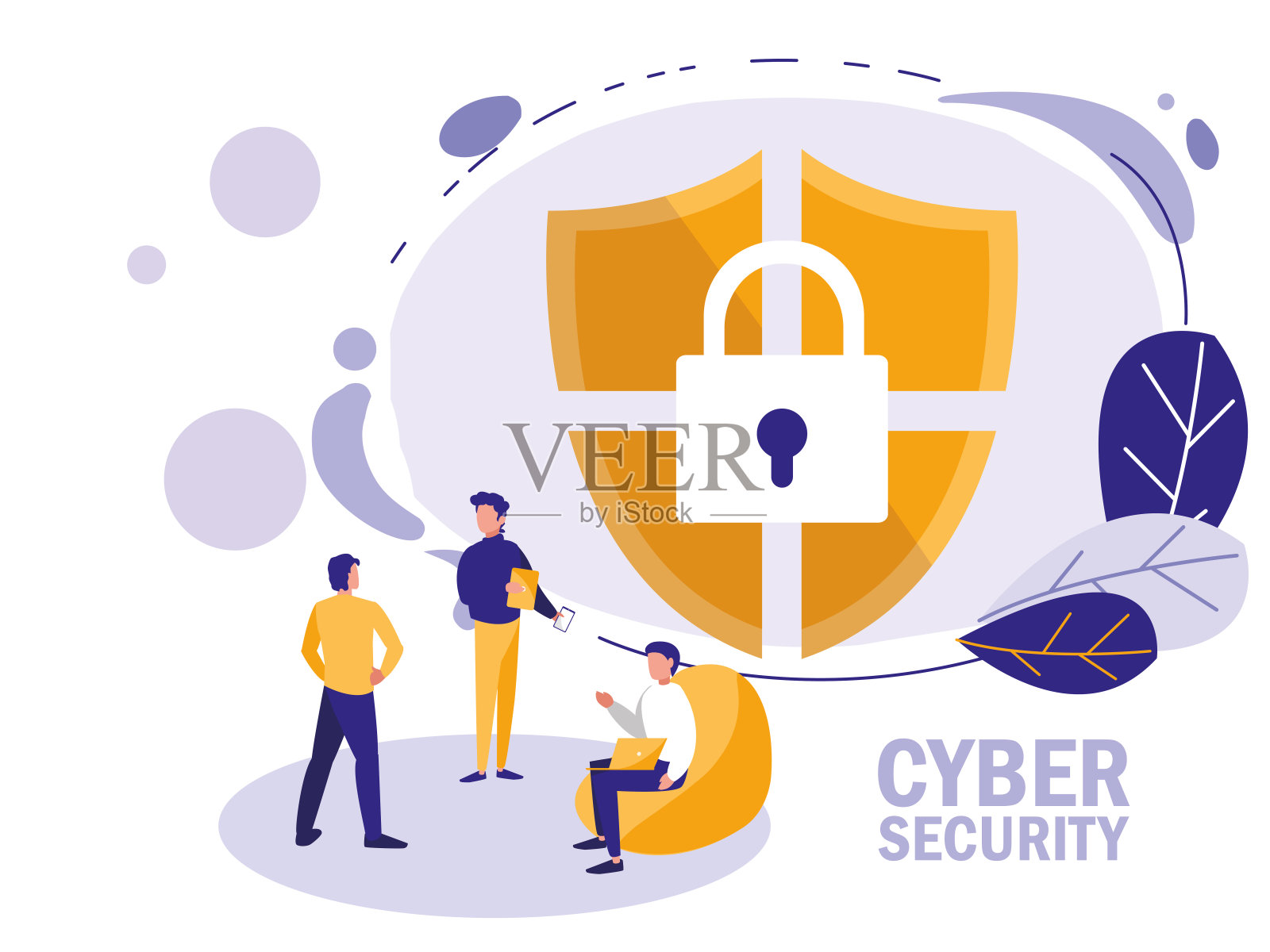 迷你人带着破盾和挂锁插画图片素材