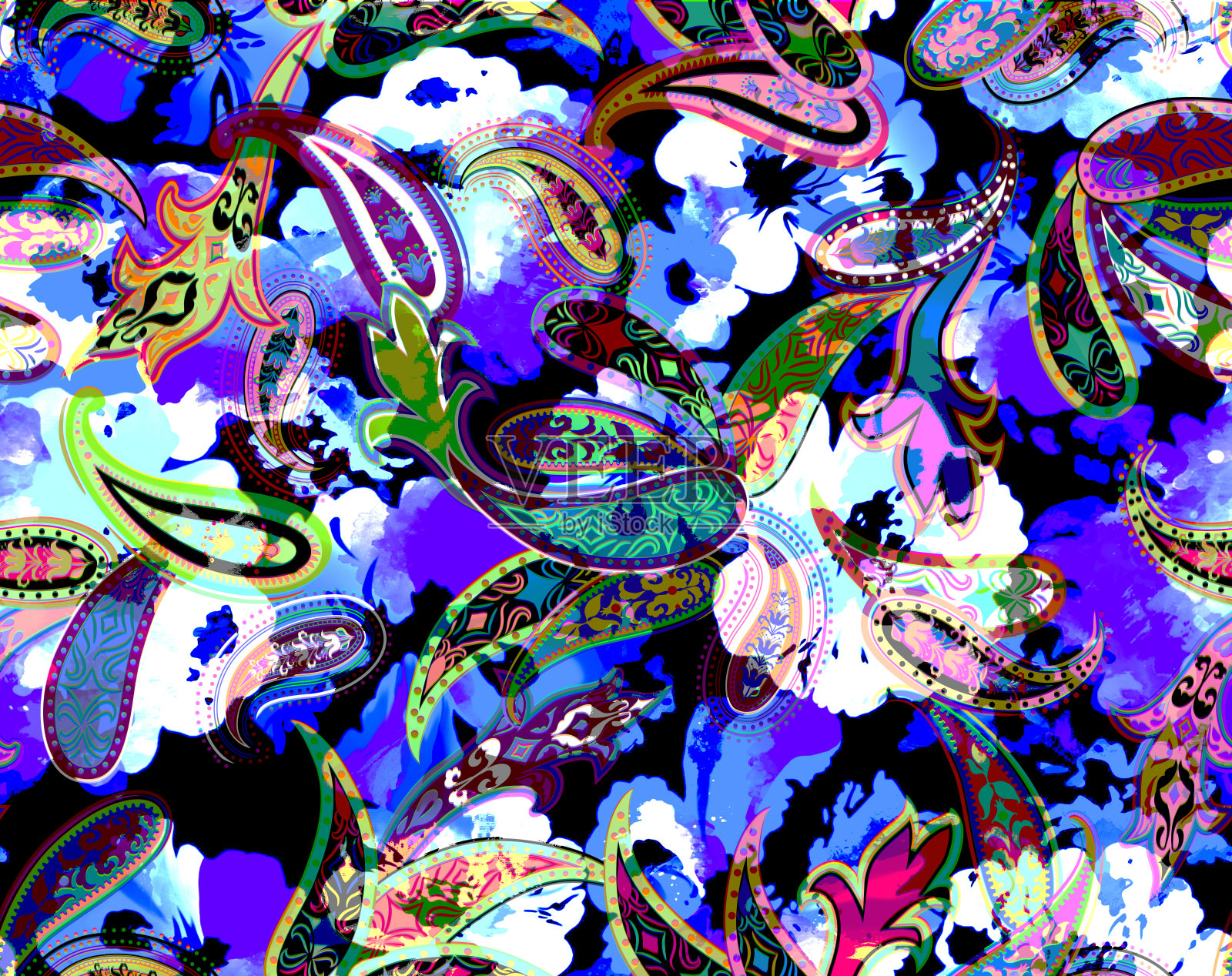 时尚的佩斯利元素和花卉无缝图案。插画图片素材