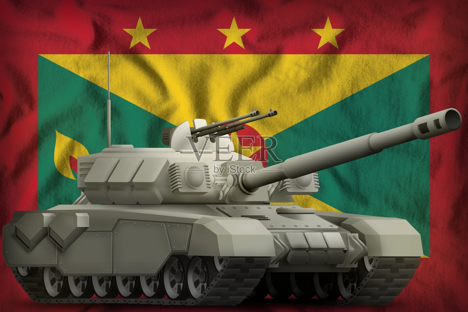 以格林纳达国旗为背景的重型坦克。三维演示照片摄影图片