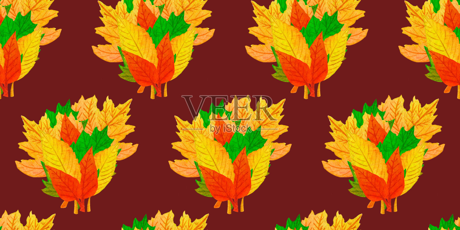 水彩秋天无缝图案与五颜六色的树叶插画图片素材