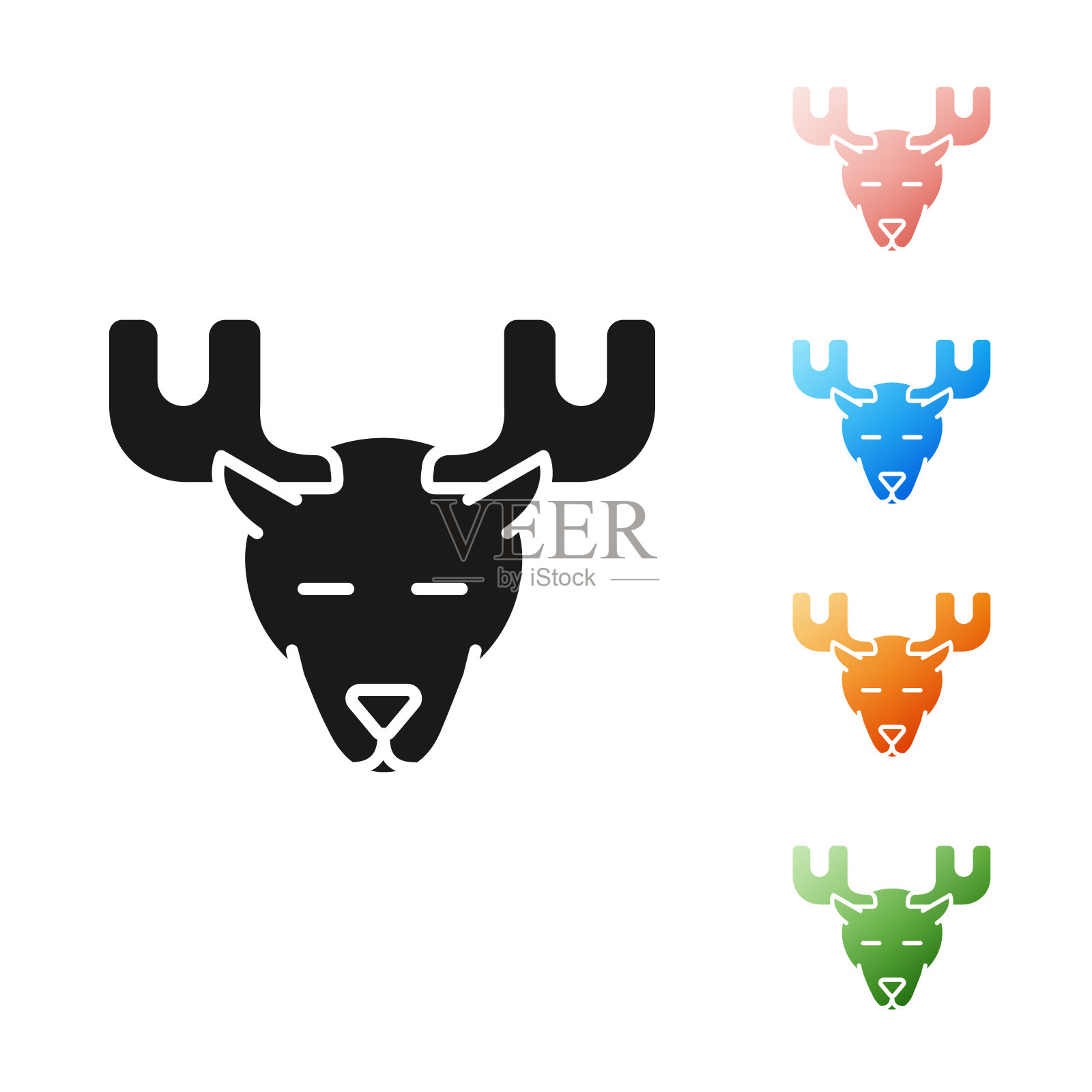 黑色驼鹿头与角图标孤立在白色背景。设置图标丰富多彩。矢量图插画图片素材