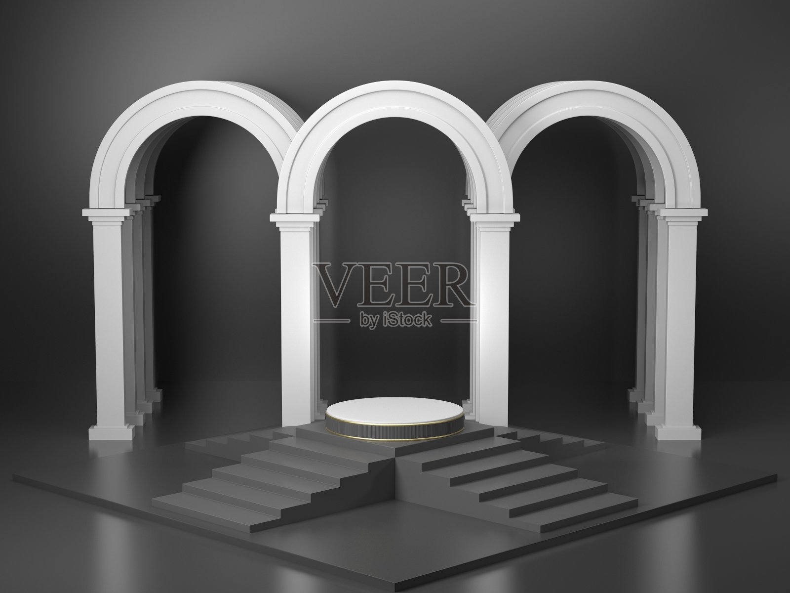 产品展示架为黑色3d效果图,黑色圆柱架为黑色线条图案背景,灯光从上至下照片摄影图片