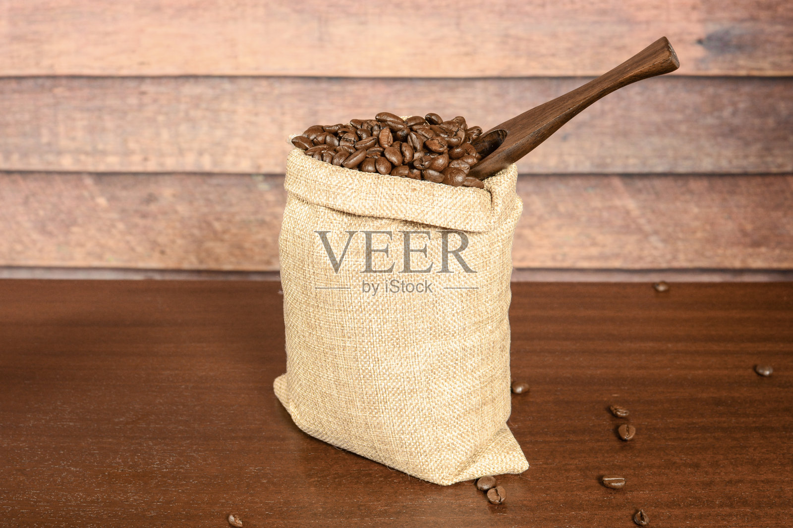 咖啡豆。硬烘咖啡豆在黄麻粗麻袋和咖啡铲,在棕色木桌与乡村背景。照片摄影图片