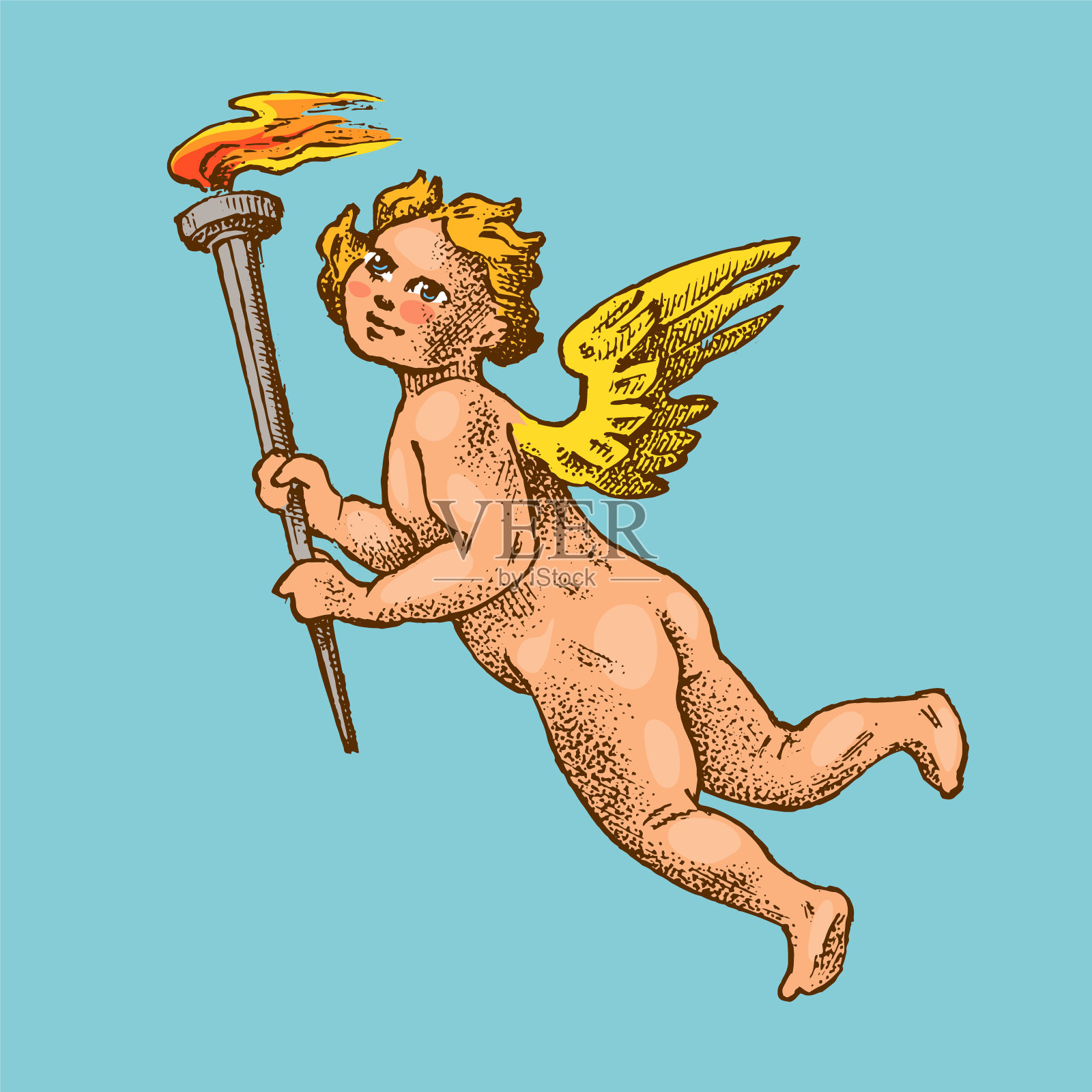 可爱的天使。小丘比特在天空中展翅飞翔。手绘复古雕刻素描。教堂里的宗教复古墙面装饰插画图片素材