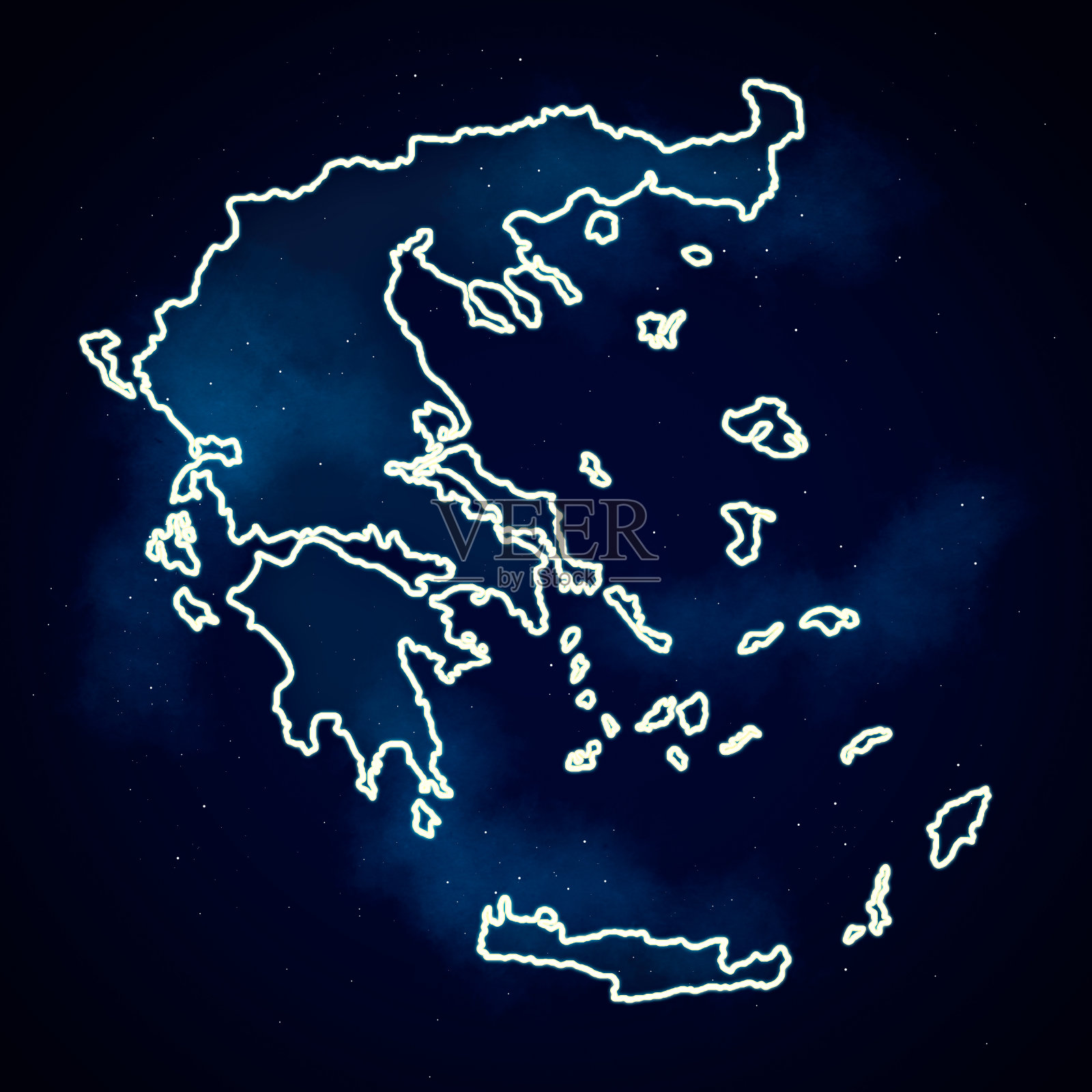 希腊地图,绘制的土地和岛屿的模板,发光的边界在一个蓝色的背景插画图片素材