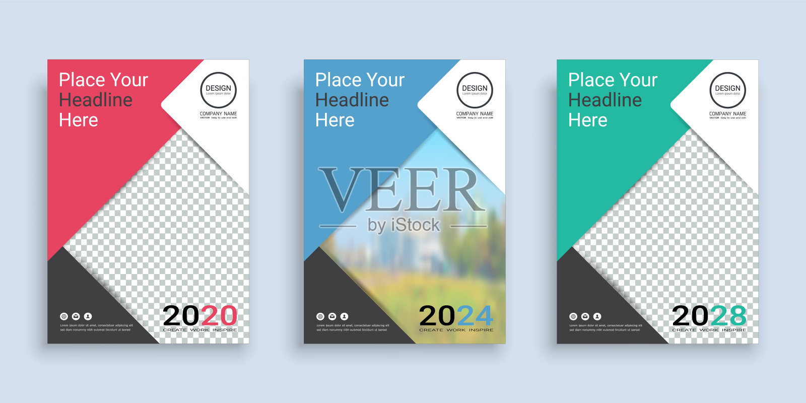 海报封面书设计模板在A4布局与空间的照片背景,3种颜色的方式包括,用于年度报告,提案,投资组合,小册子,传单,传单,目录,杂志,小册子。插画图片素材