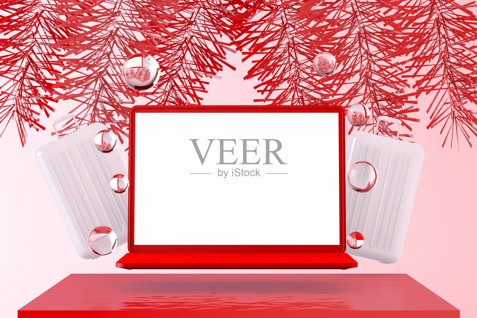 带飞行球和圣诞树叶的笔记本电脑,圣诞概念照片摄影图片