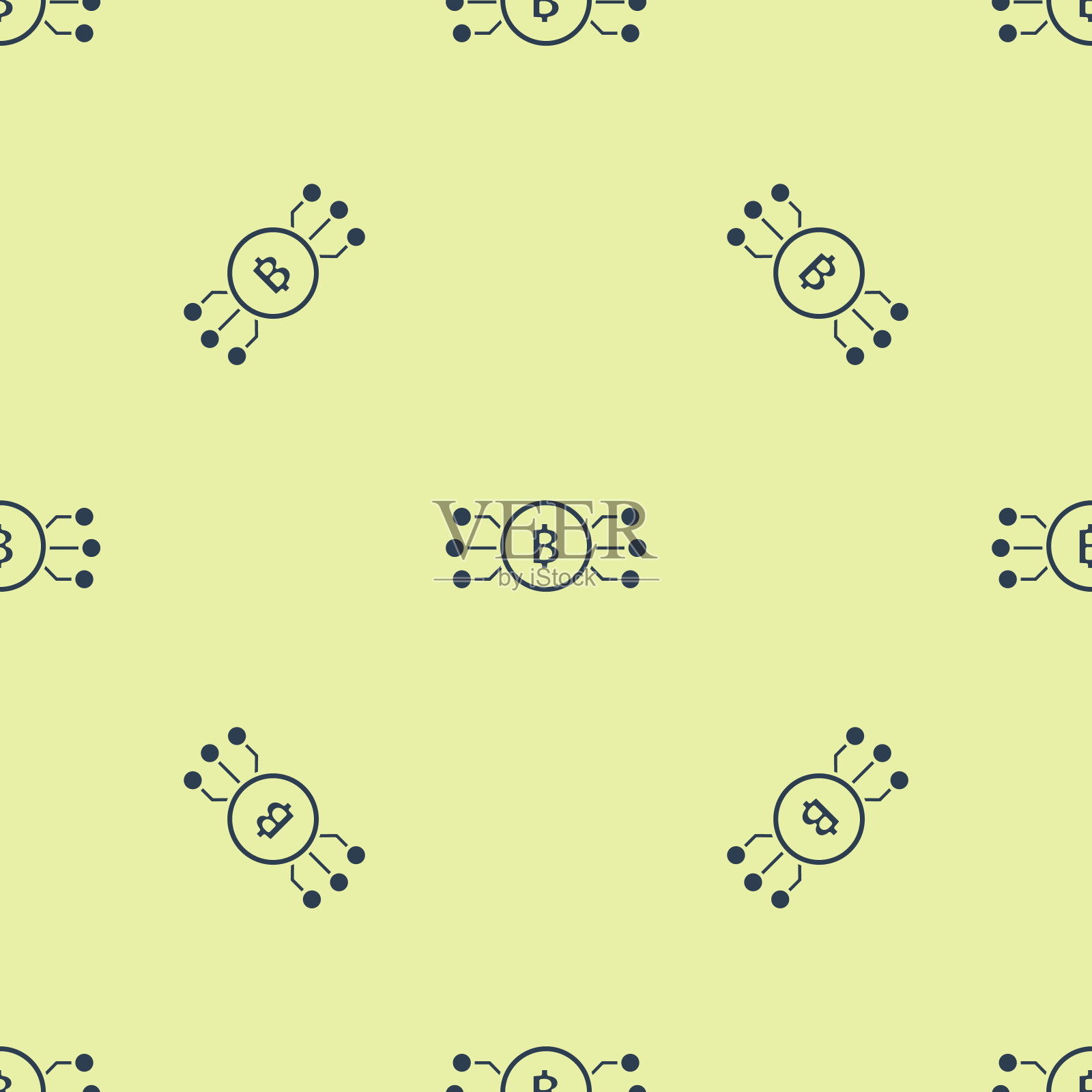 蓝色加密货币比特币在圆圈与微芯片电路图标图标隔离无缝模式在黄色背景。区块链技术,数字货币市场。矢量图插画图片素材