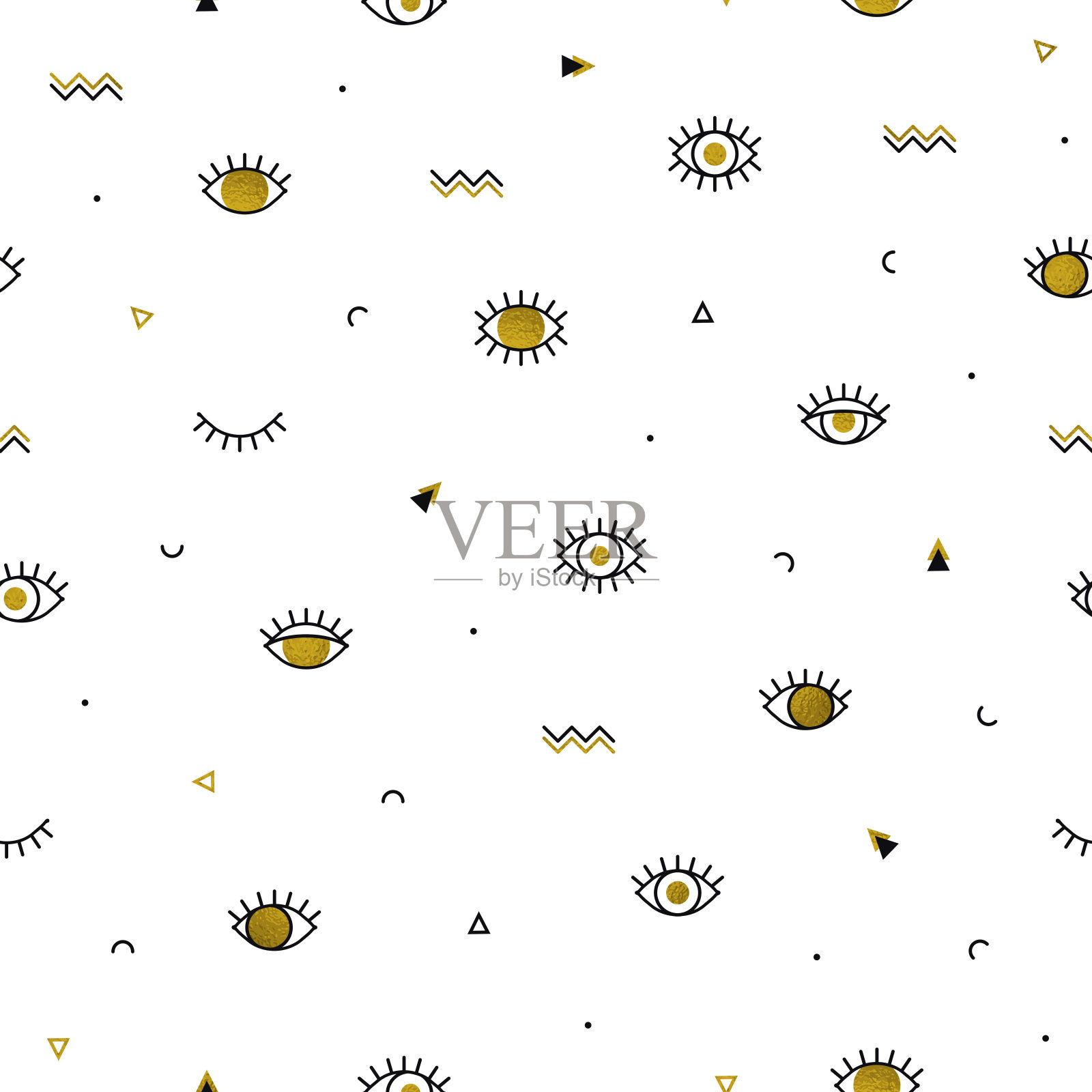 抽象图案与迷幻的金色眼睛和几何形状。90年代80年代风格的时尚背景。黄金线性设计。三角形、之字形、睁开眼睛等图形元素。线的艺术。插画图片素材