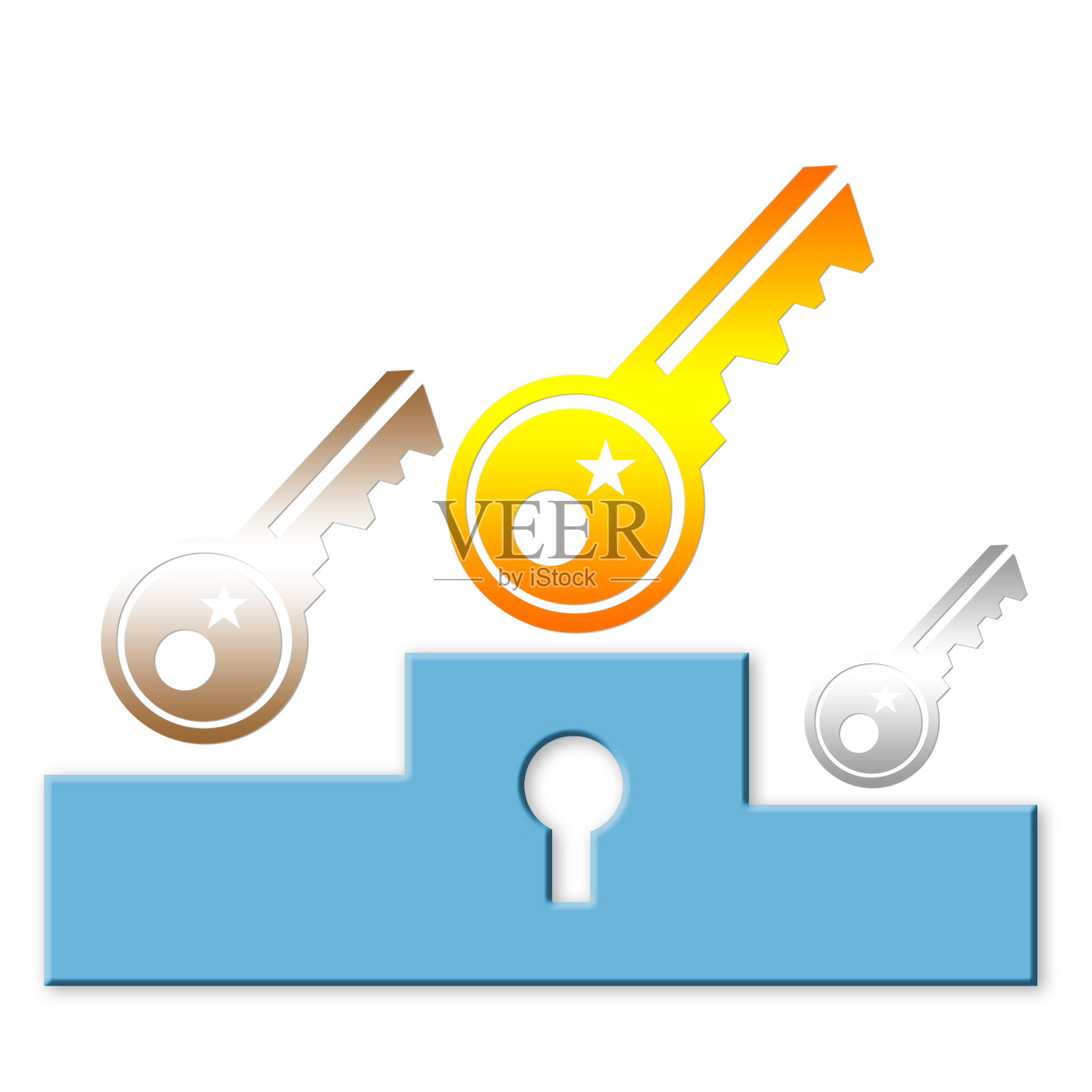 冠军的蓝色底座上有3个钥匙:小银、中铜和大金。白色背景上的插图。照片摄影图片