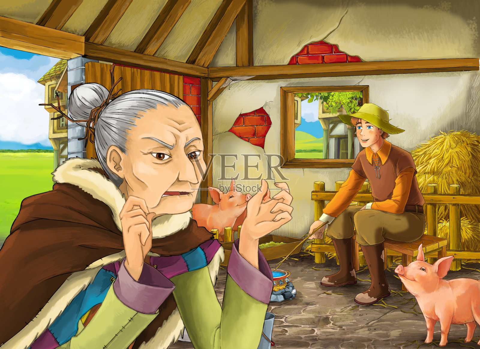 卡通场景:老女巫和农场主在猪圈里插画图片素材