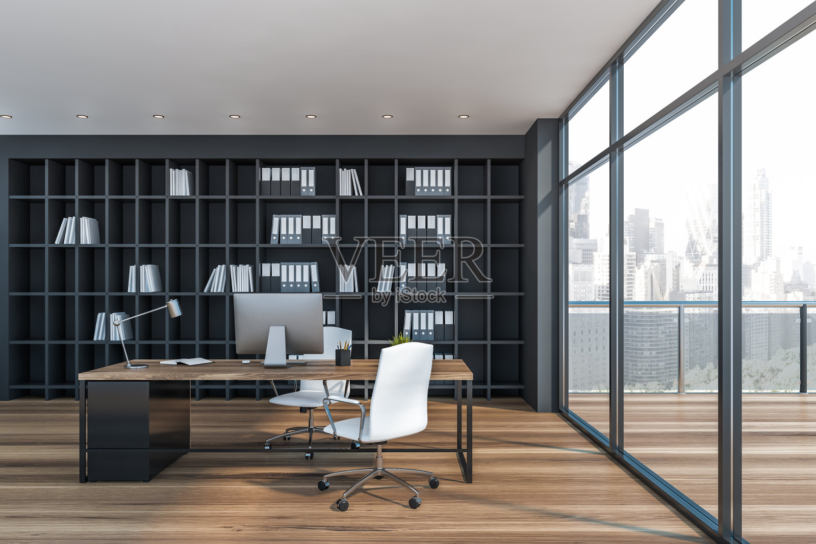 黑色的CEO办公室,带有阳台照片摄影图片