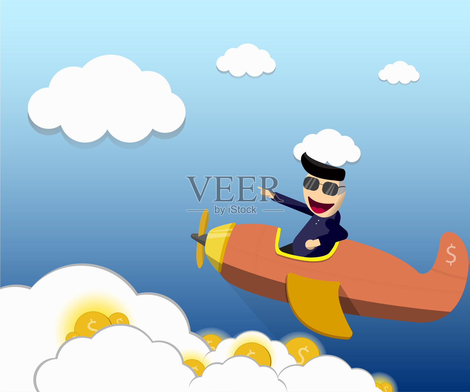 商人在天上的飞机上,钱币在云端插画图片素材