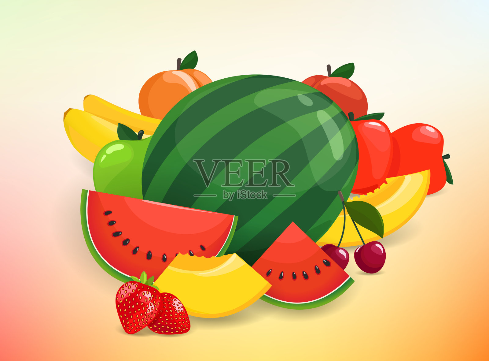一组彩色水果。苹果,草莓,桃子,香蕉,西瓜,樱桃,甜瓜插画图片素材