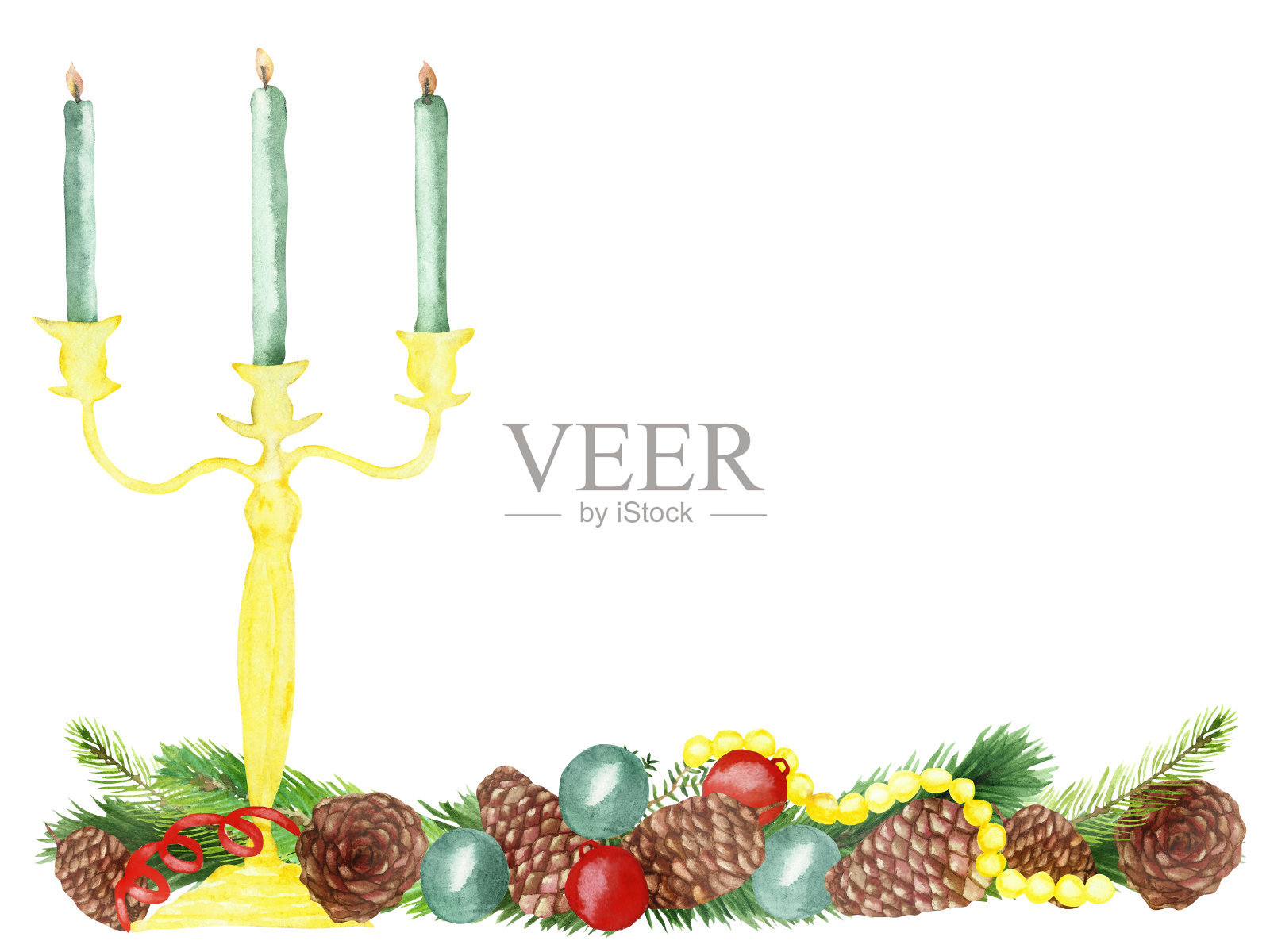 水彩手绘圣诞树的组成与三个绿色的蜡烛在烛台,在绿色的冷杉树枝,棕色的球果和丰富多彩的圣诞装饰。圣诞花环。插画图片素材