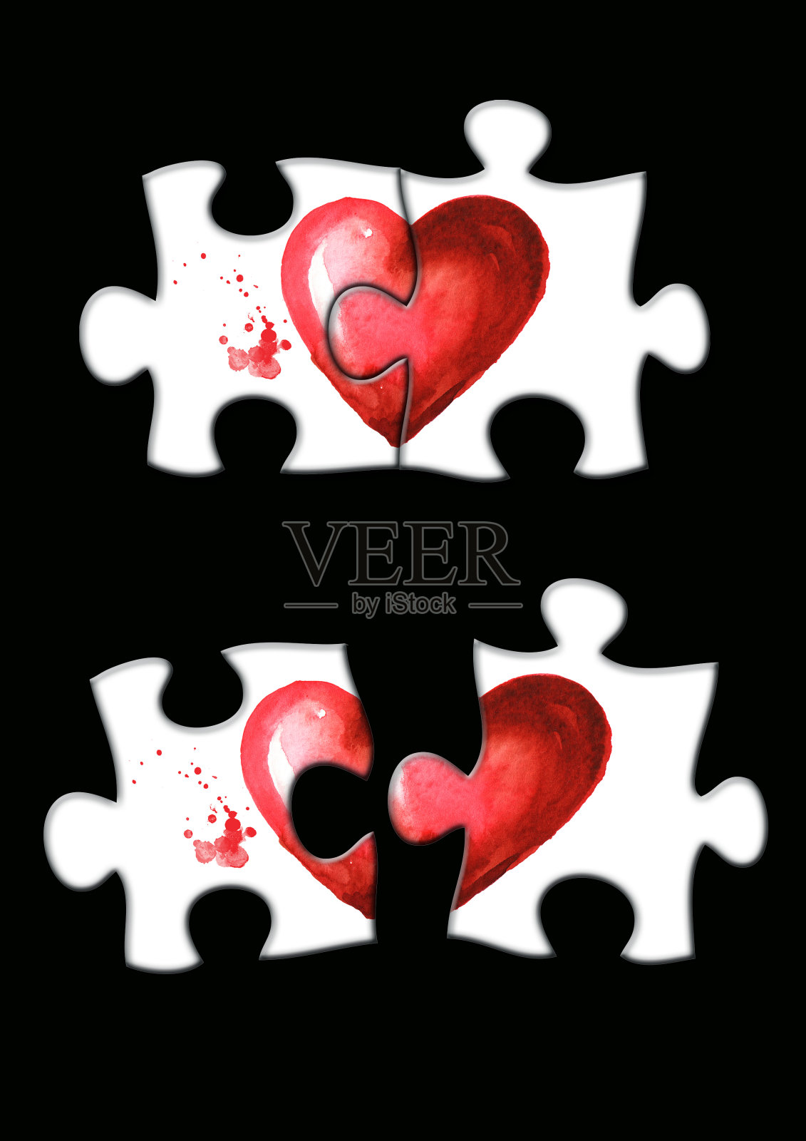 爱情和浪漫插画。摊开拼图,两半的心分开,不在一起,和折叠拼图,一起。水彩手绘插图,孤立的白色背景插画图片素材