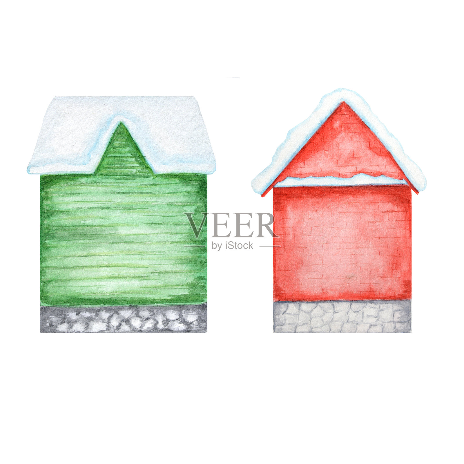 水彩圣诞冬季房子图标设置在屋顶上的白色背景上的雪设计元素图片