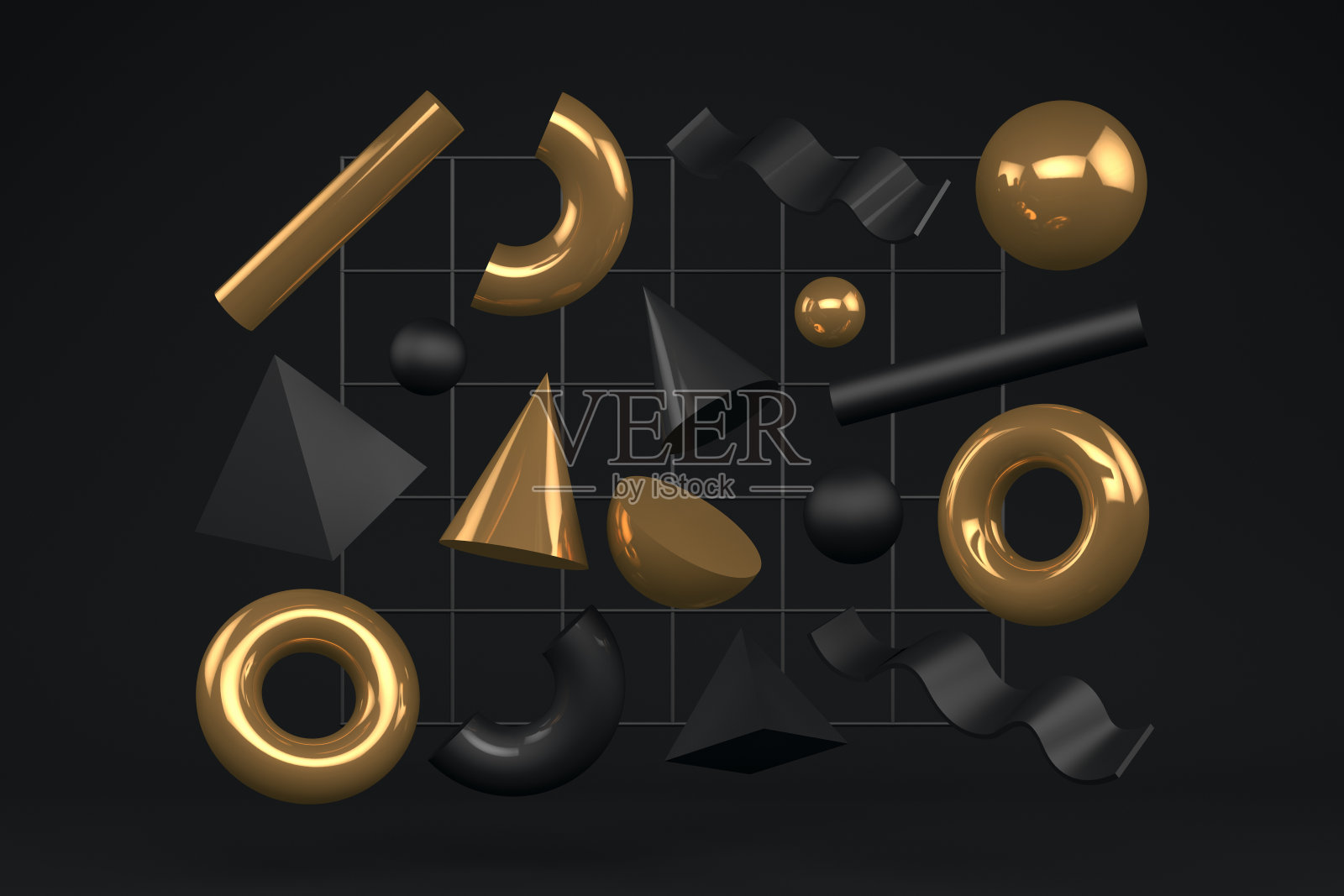 黑色背景上的三维抽象飞行几何形状照片摄影图片