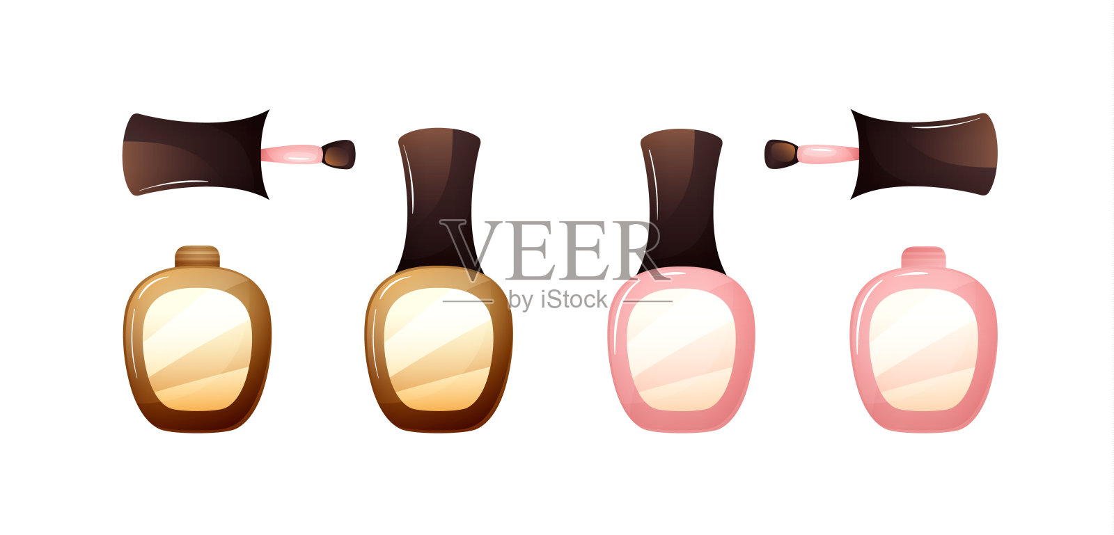 卡通风格的一套指甲油。开了又关的金色和粉色清漆瓶子。矢量插图孤立在白色上插画图片素材