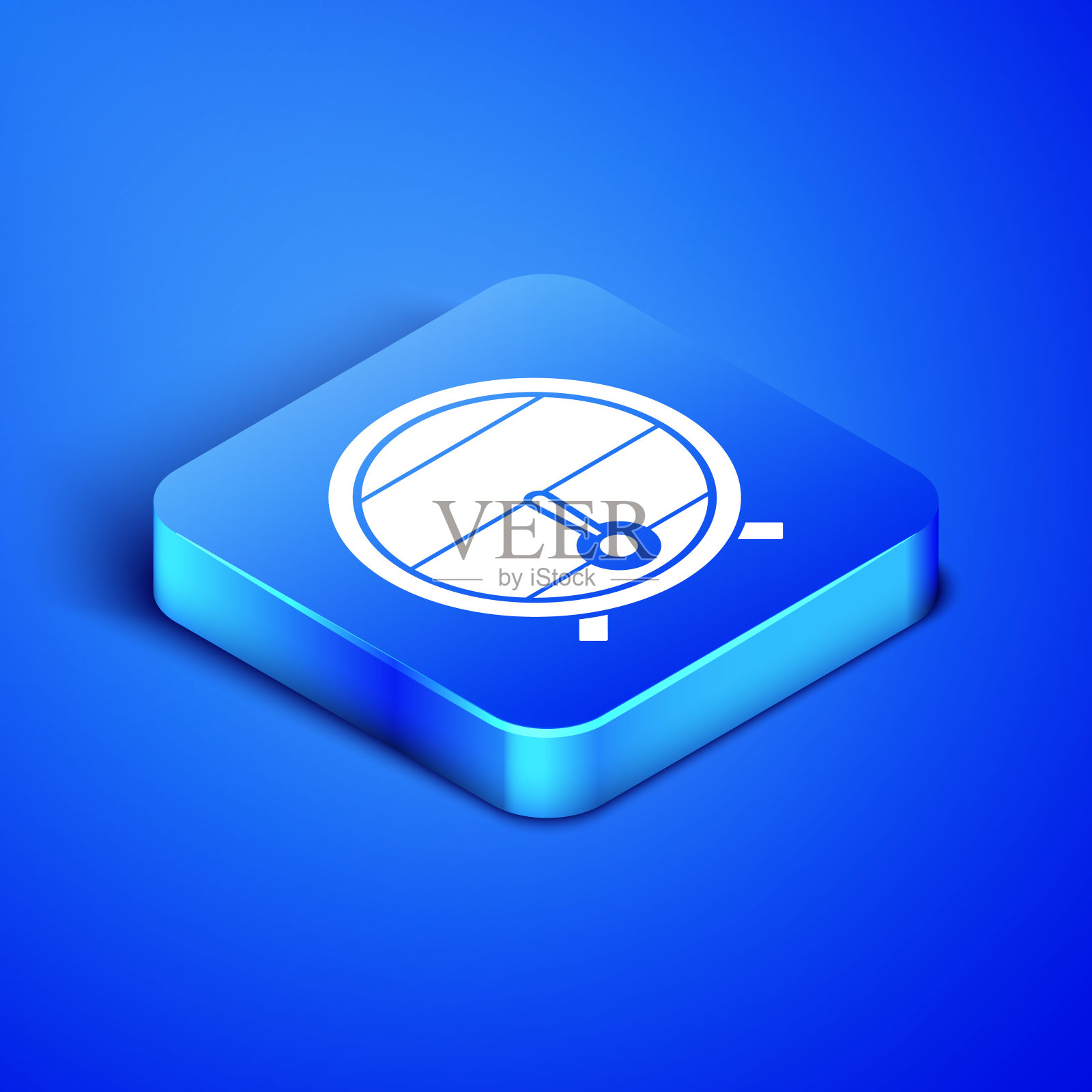 等距木桶架上的旋塞图标隔离在蓝色背景。蓝色方块按钮。矢量图图标素材