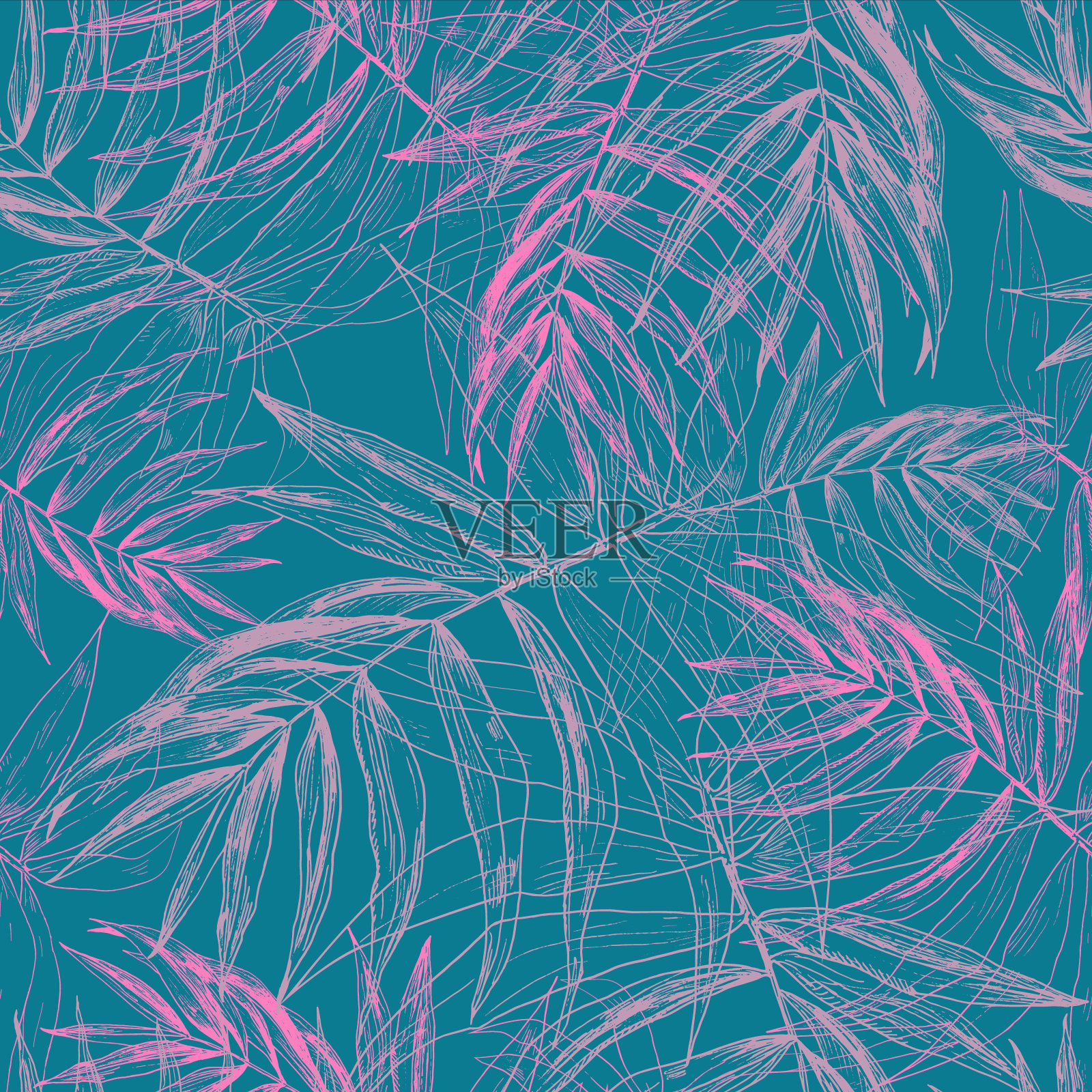 粉红色热带棕榈叶,丛林叶无缝花图案在深绿色的背景插画图片素材