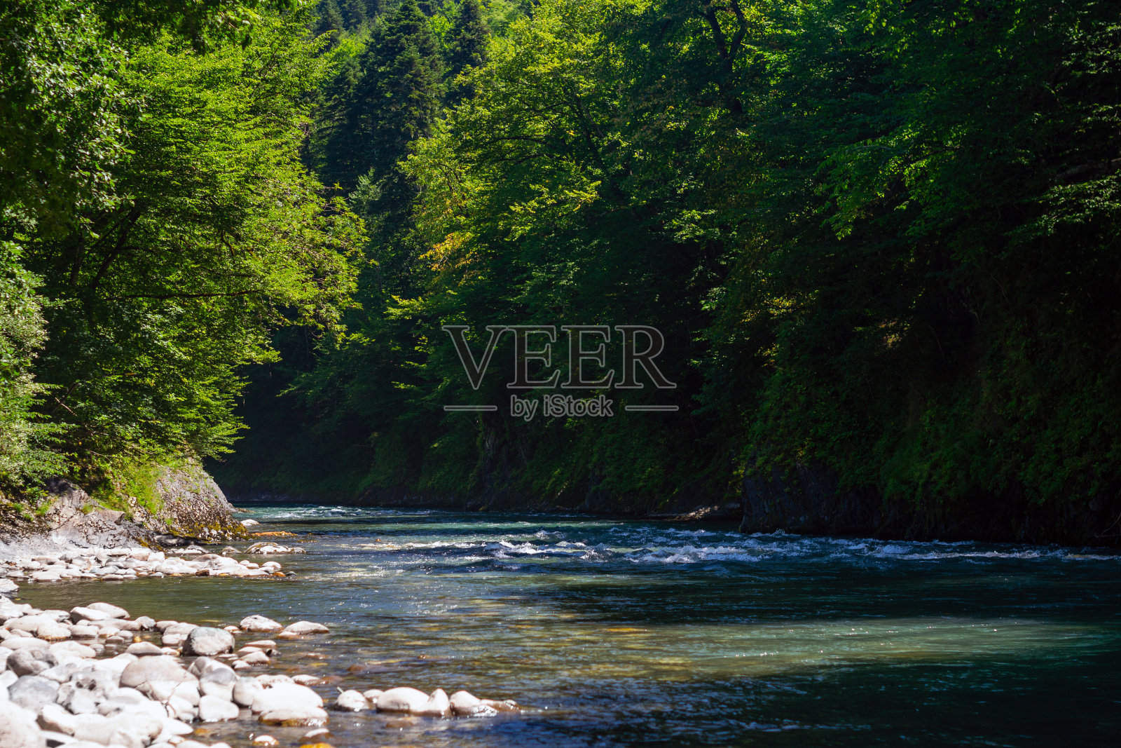 崇山峻岭,湍急的山河和茂密的森林照片摄影图片