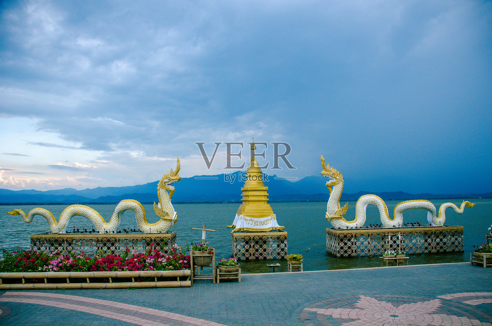 泰国法尧法尧河格栅湖上的那迦斯国王和塔照片摄影图片