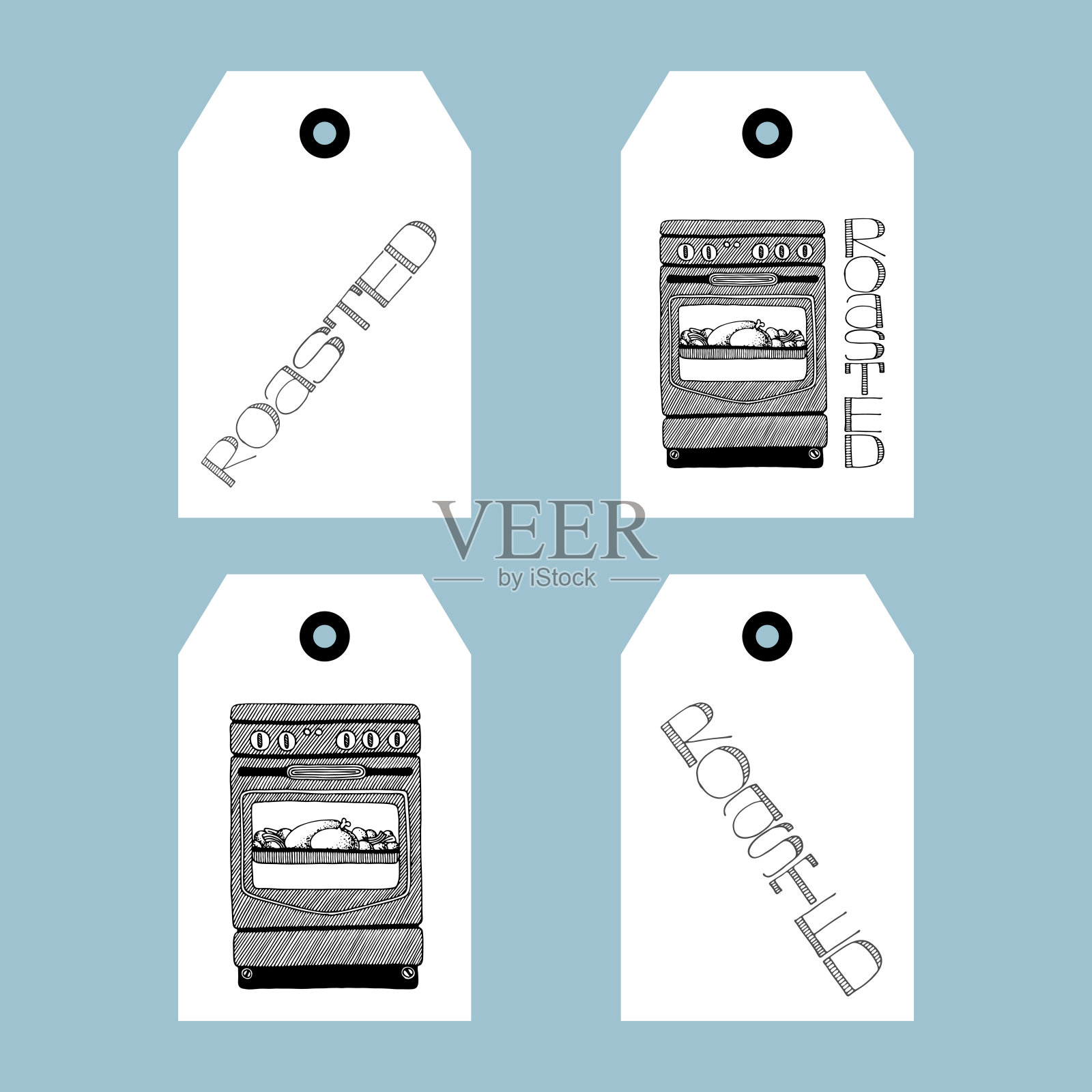 标签设置涂鸦烤箱和字母。插画图片素材
