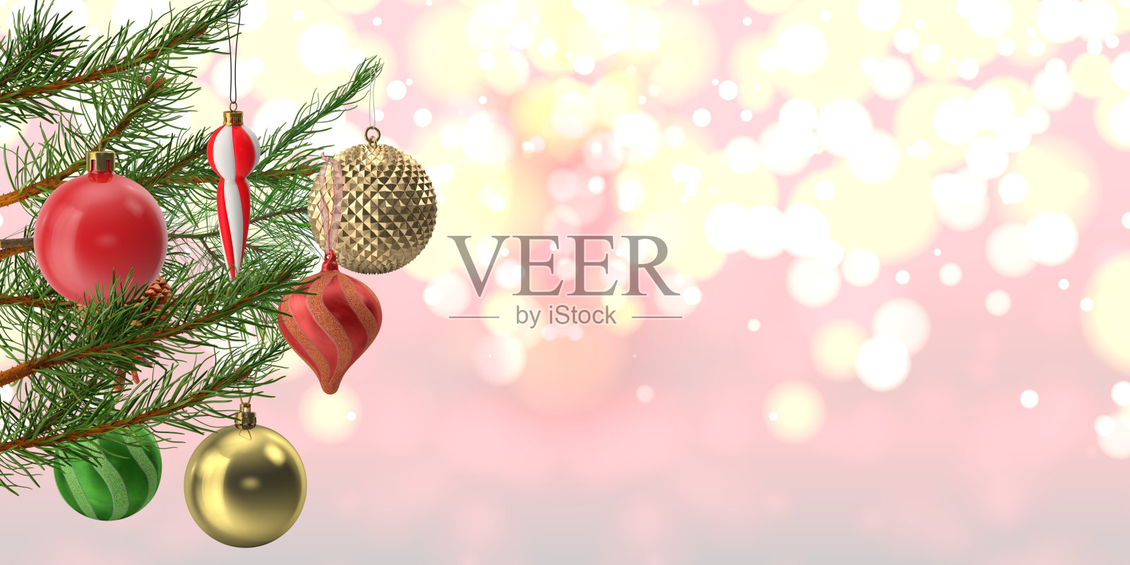 圣诞装饰品。3D各种各样的圣诞装饰对象上的红色背景。照片摄影图片