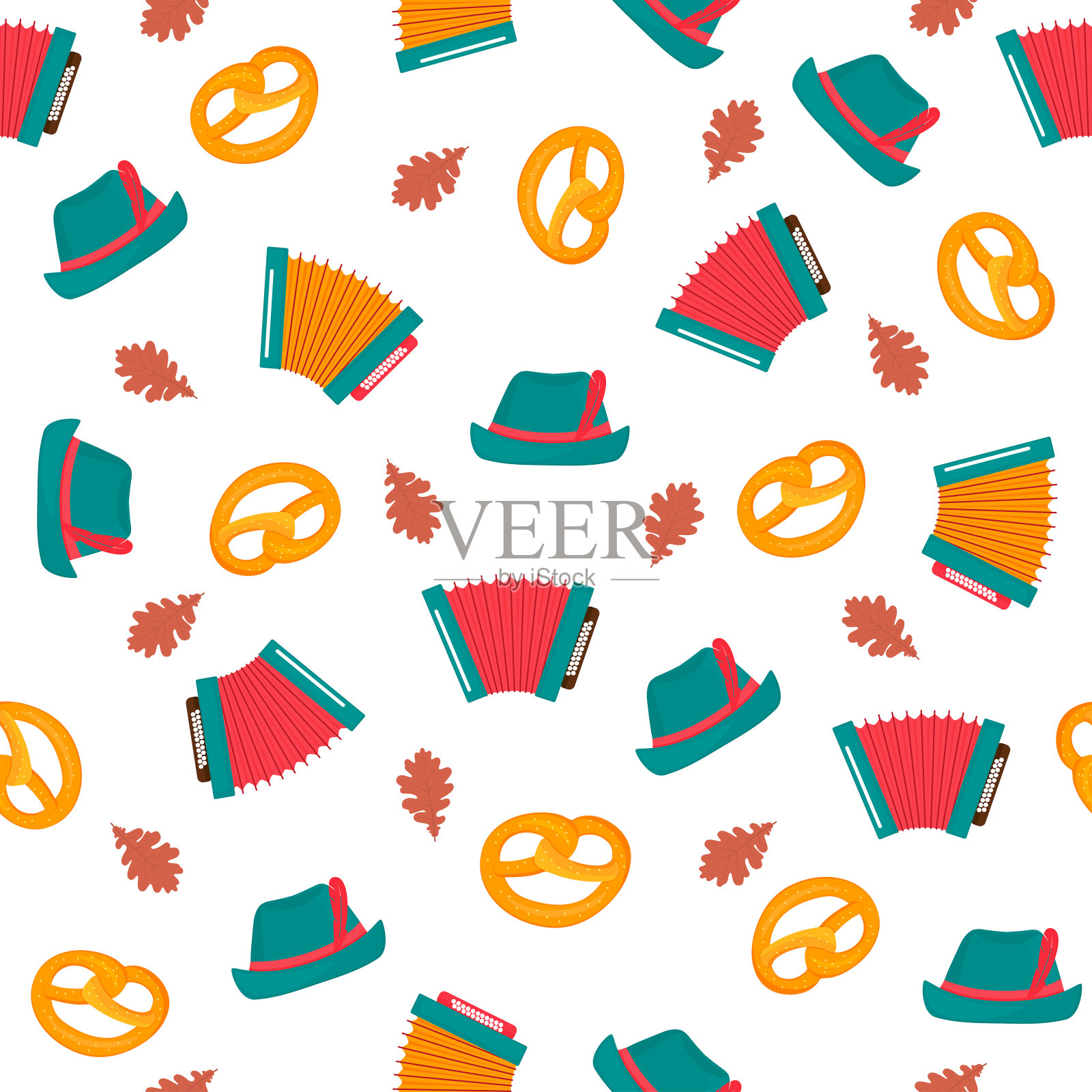 慕尼黑啤酒节-巴伐利亚节日无缝模式。手风琴,帽子,椒盐卷饼插画图片素材