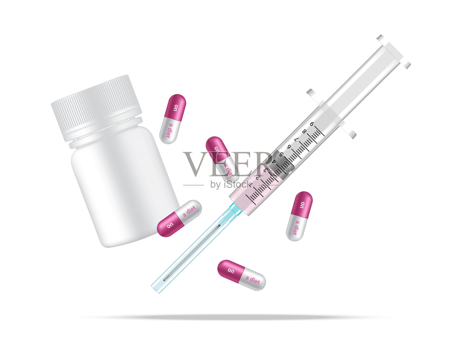 瓶模拟,对减压药胶囊现实和疫苗注射器流感注射在白色背景与包装。医院工具设计矢量插图。医疗卫生理念。插画图片素材