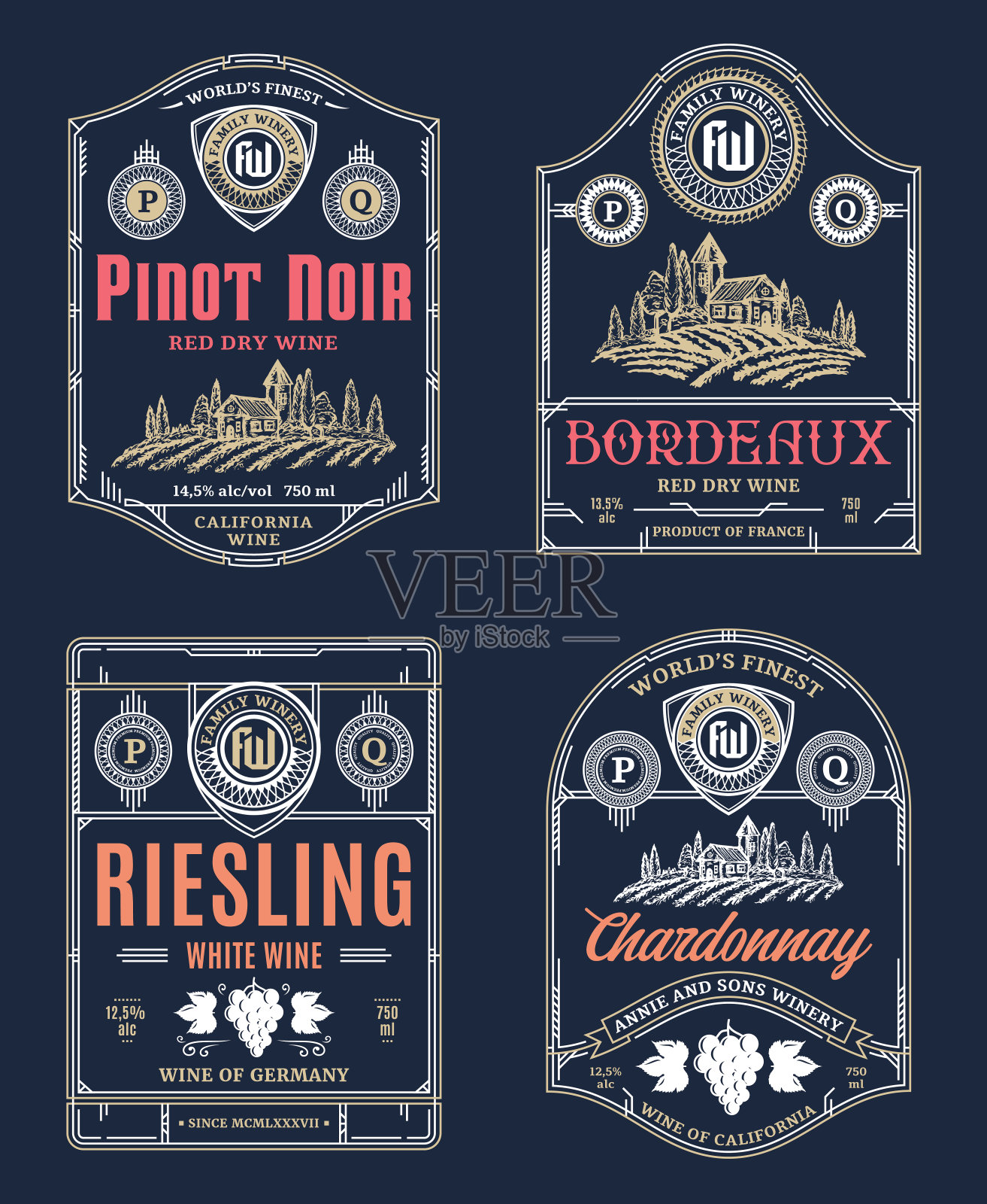 矢量葡萄酒细线风格的红白葡萄酒标签插画图片素材