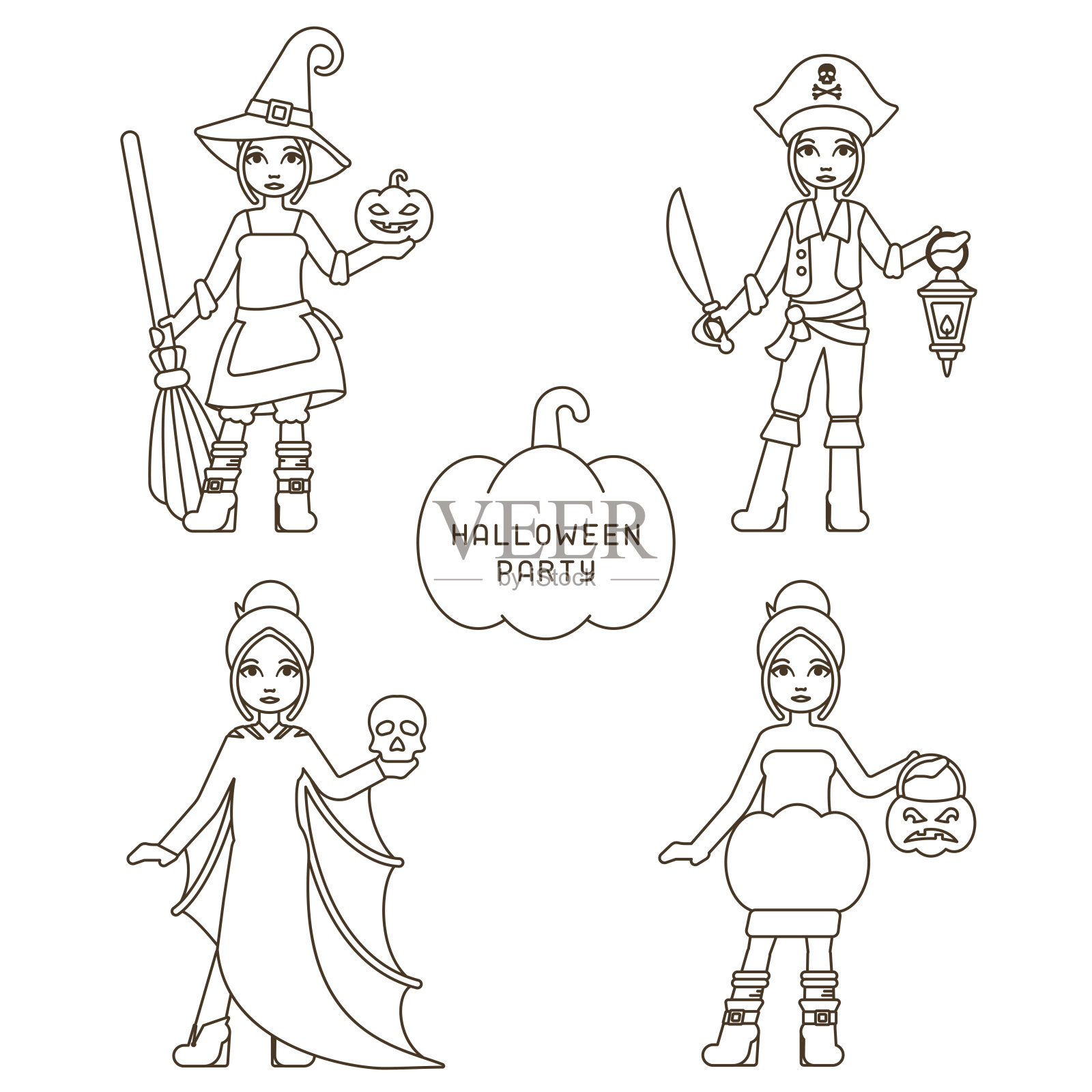 万圣节派对服装的线性风格插画图片素材