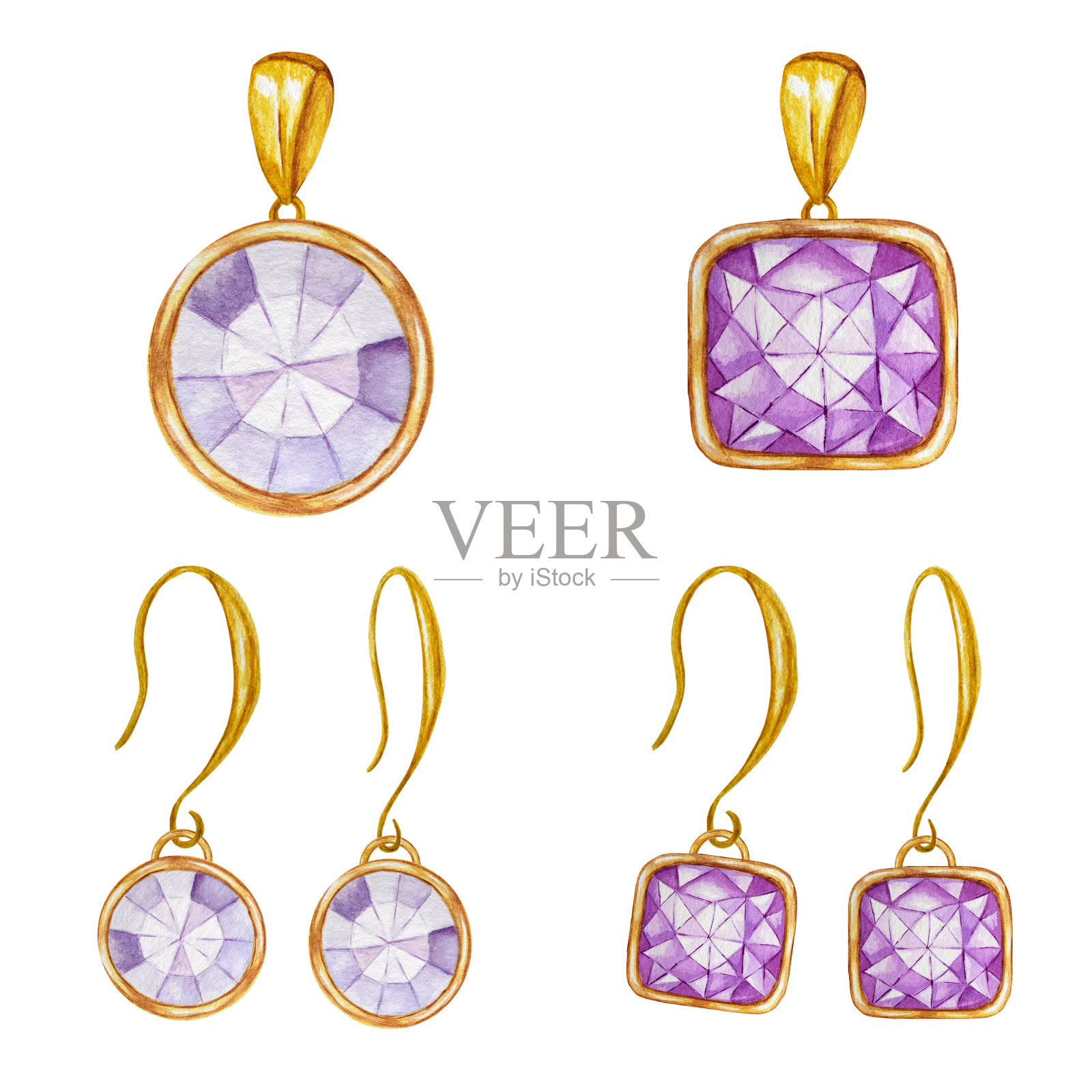 珠宝两套耳环和吊坠。紫色方形和圆形水晶宝石与黄金元素。美丽的水彩画与水晶金色链在白色的背景。插画图片素材