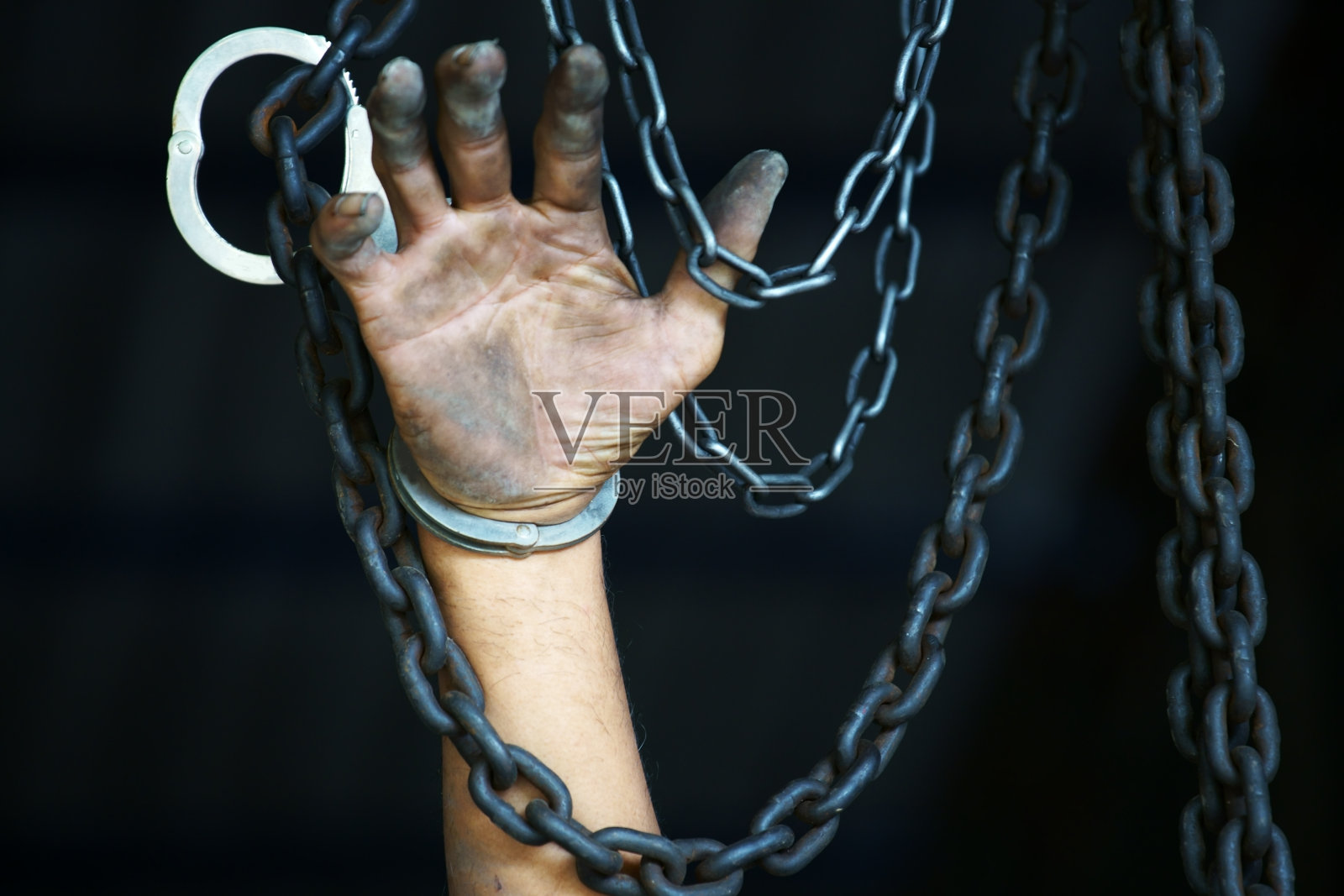 有生锈铁链背景的囚犯之手照片摄影图片