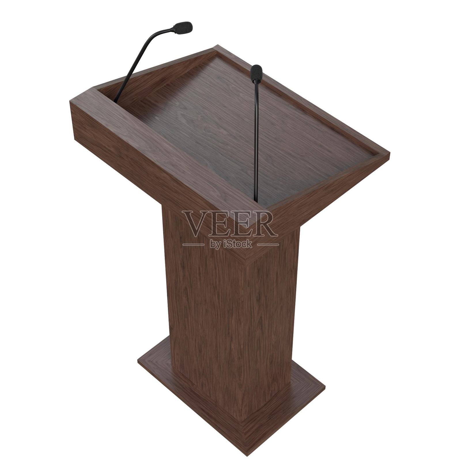 木制的讲台,两个麦克风照片摄影图片