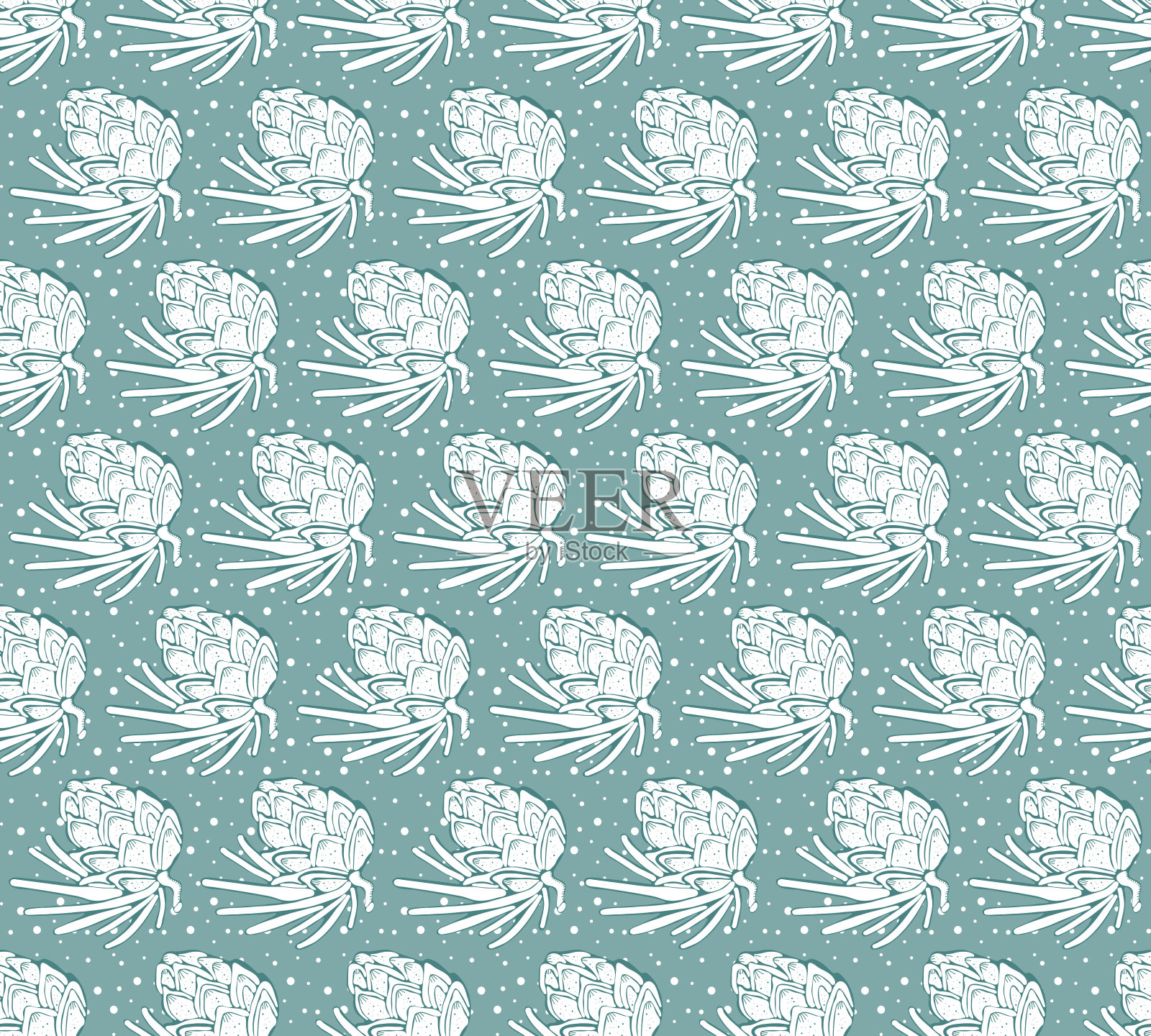 无缝矢量模式与松树,针叶树,雪松球果和树枝和飘落的雪。手绘矢量插图上的绿色背景。森林复古风格。圣诞礼品包装。插画图片素材