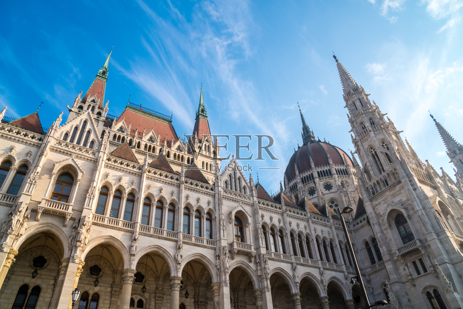 匈牙利,天空衬托下的布达佩斯议会美景。照片摄影图片