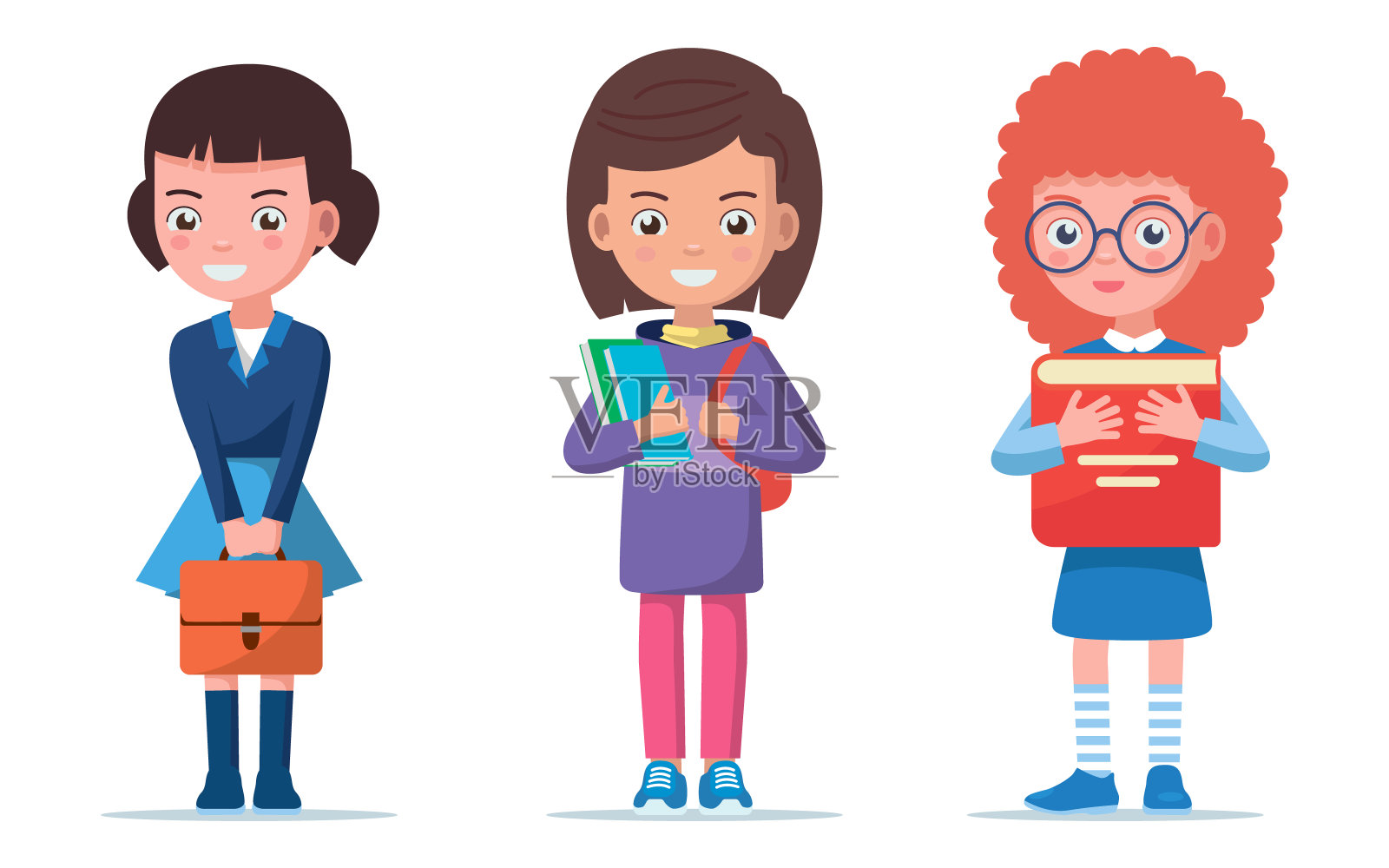 女孩们拿着公文包和书站着插画图片素材