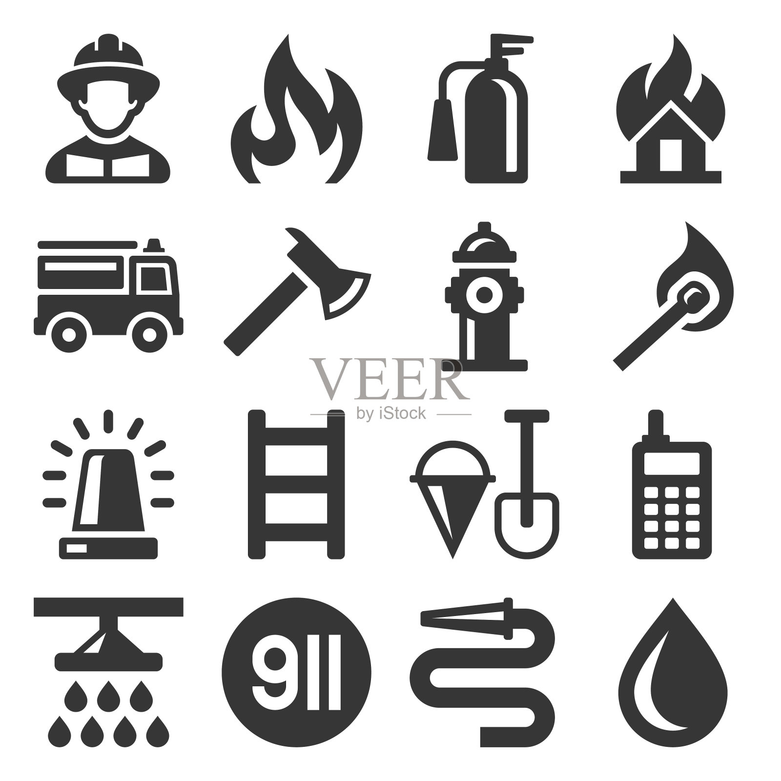 消防员和消防部门图标设置。向量图标素材