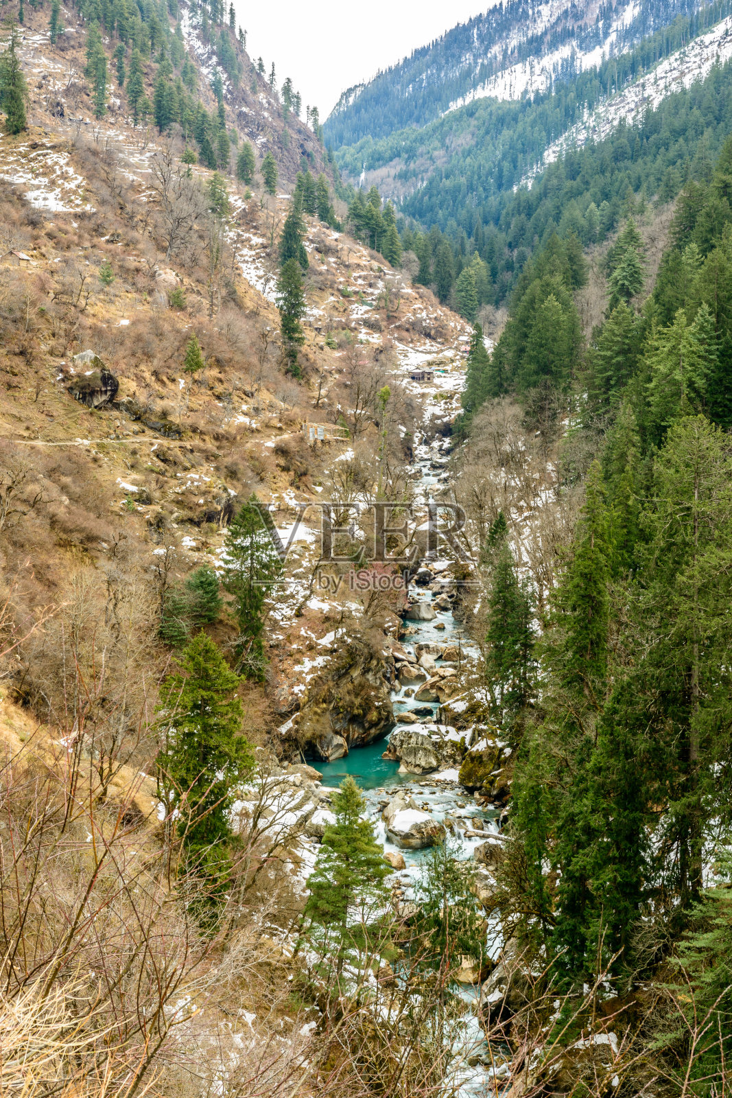 美丽的喜马拉雅山脉冬季景观与积雪覆盖的树木,朦胧的天空和云彩。照片摄影图片
