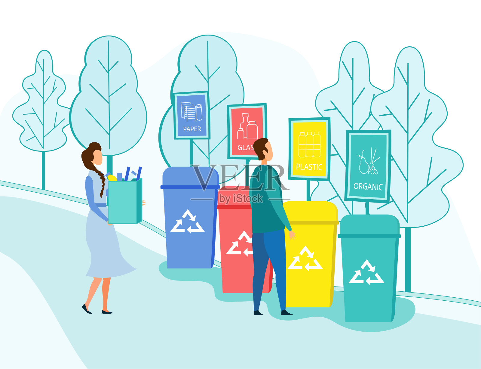 人们把垃圾扔进回收容器插画图片素材