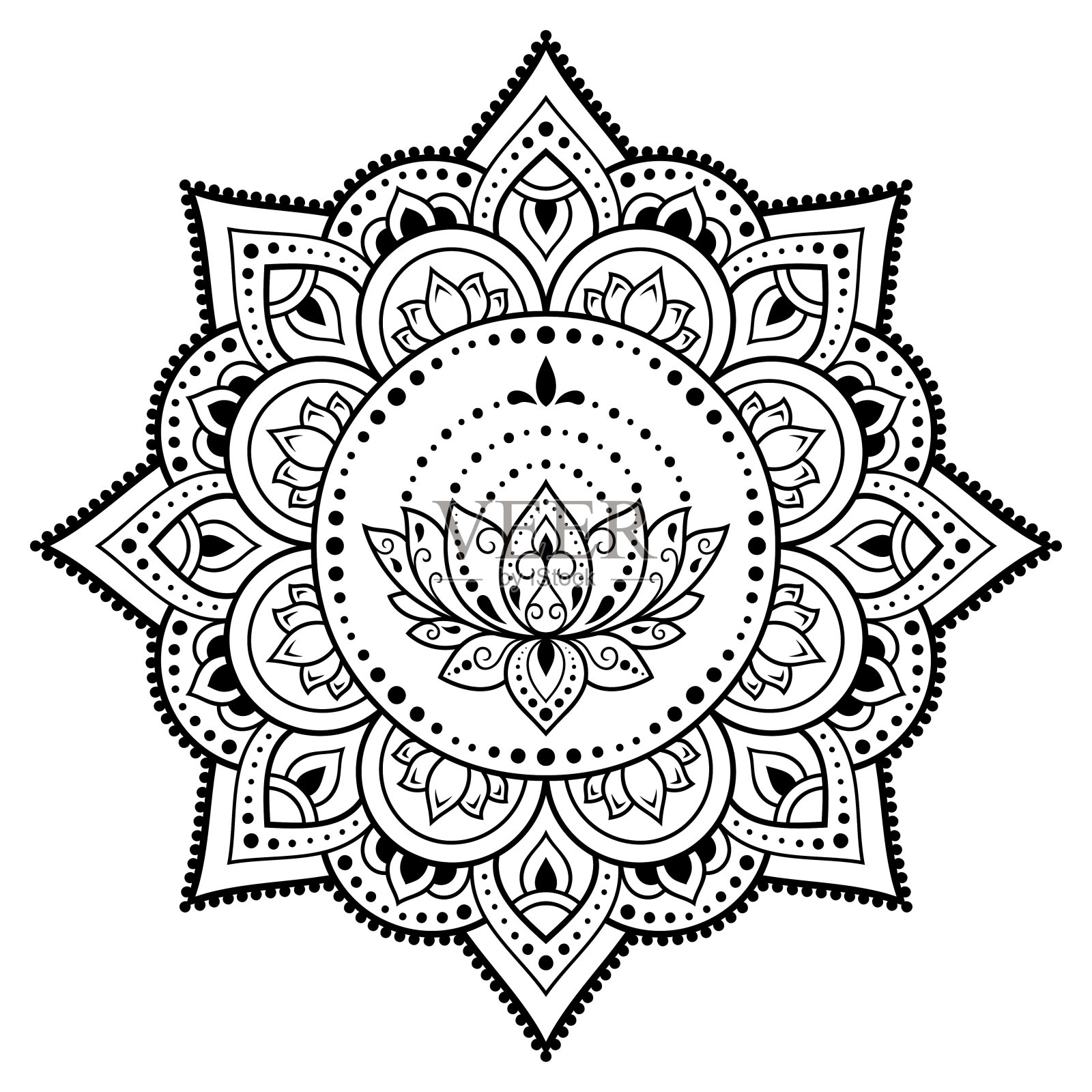 以莲花为主题的曼陀罗圆形图案,用于印度海娜、纹身和装饰的装饰性东方民族风格手绘矢量插图插画图片素材