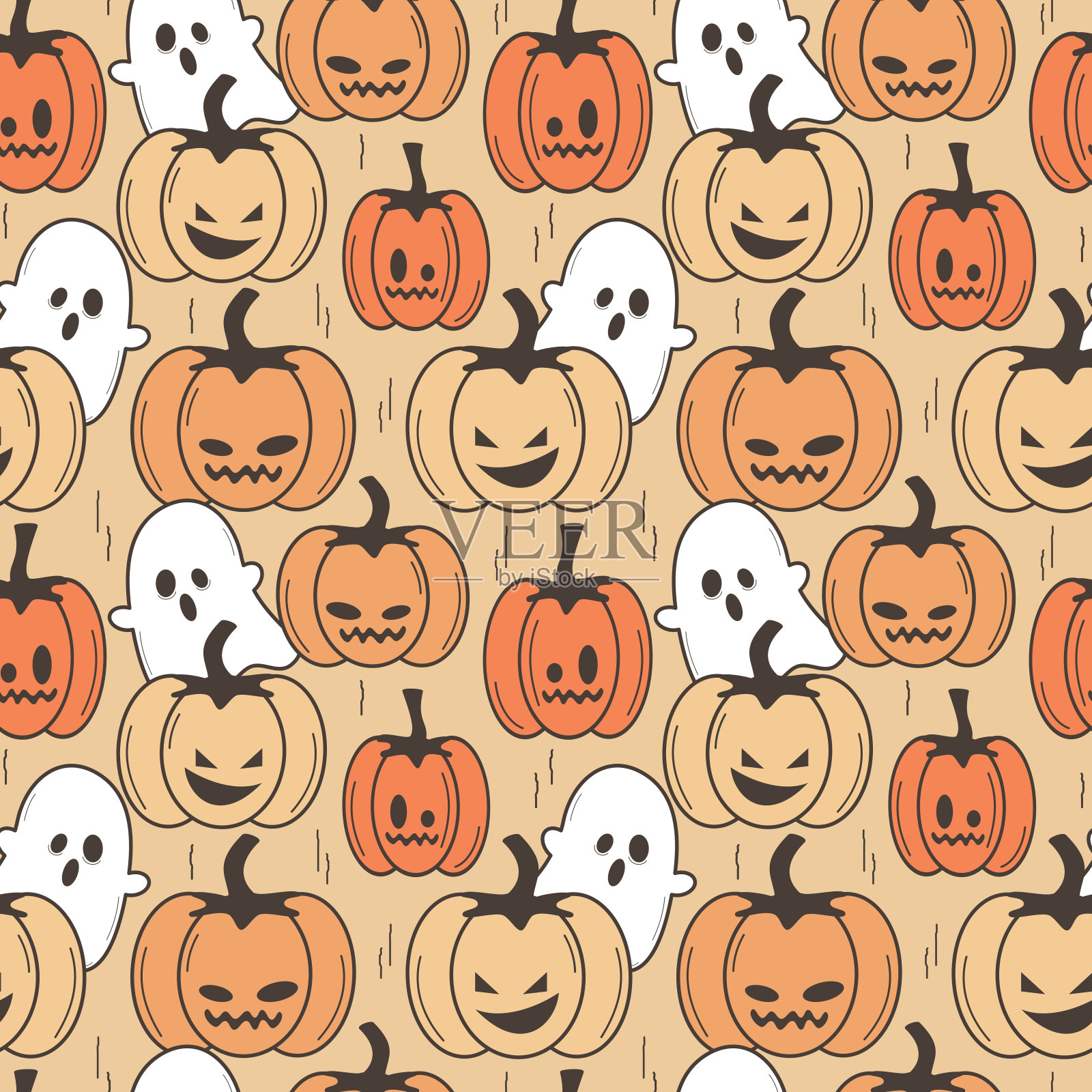 万圣节复古无缝矢量图案背景插图与卡通彩色南瓜和幽灵插画图片素材