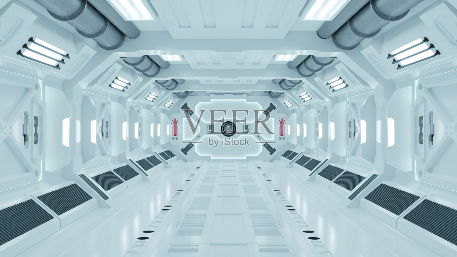 科学背景小说室内渲染科幻飞船走廊白光。照片摄影图片